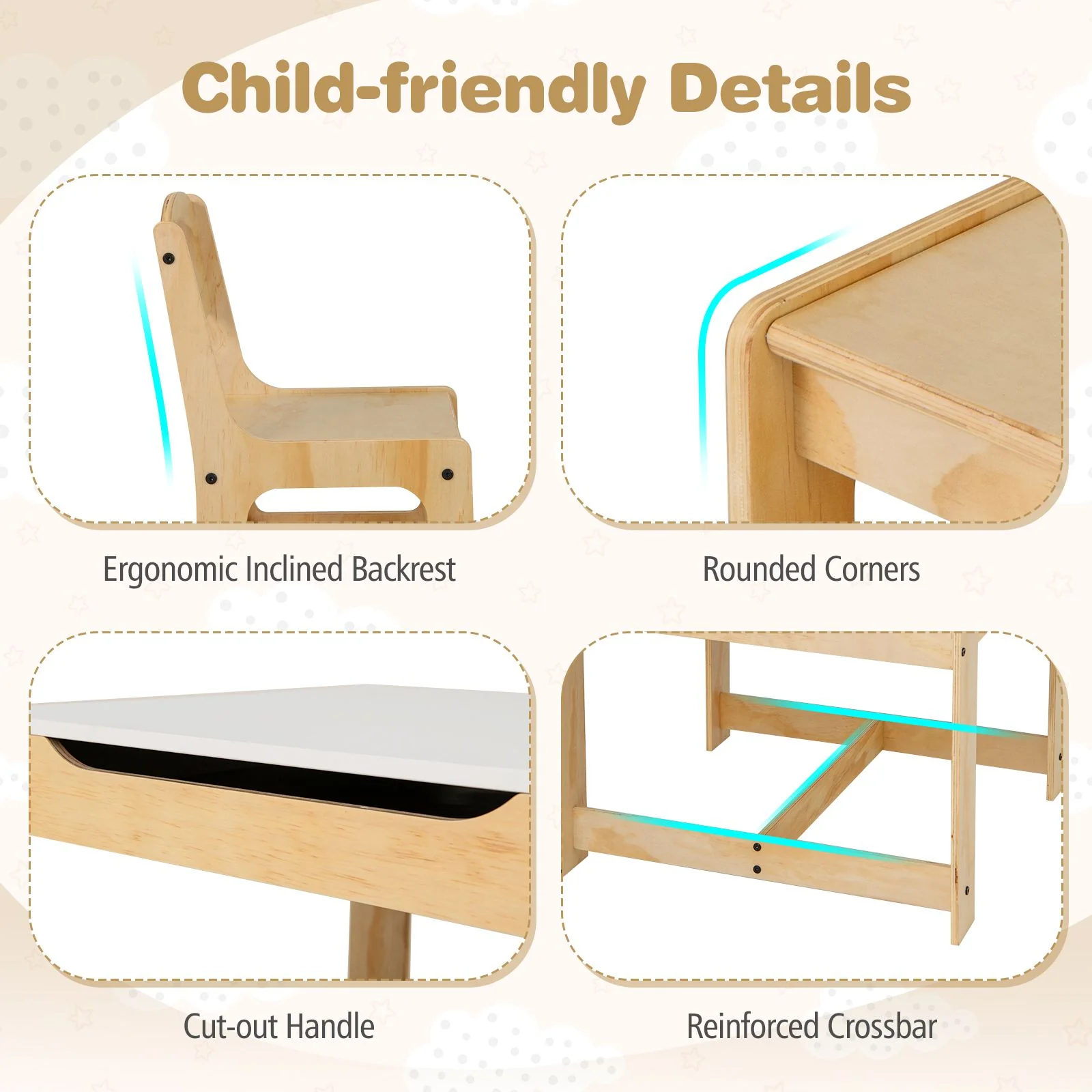 3 in 1 Thickened Wooden Kids Table and Chair Set with Removable Tabletop and 2 Storage Drawers - Image 5