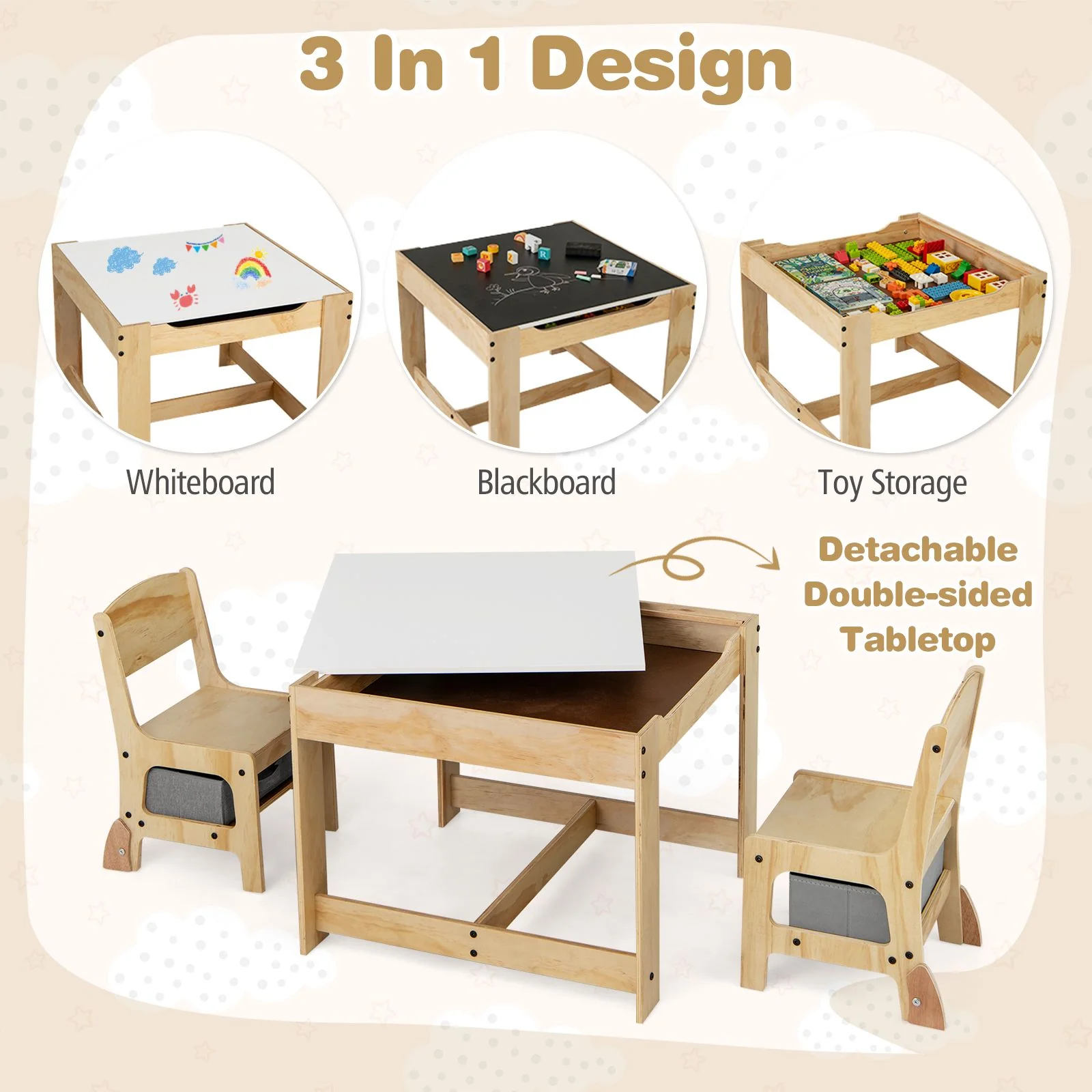 3 in 1 Thickened Wooden Kids Table and Chair Set with Removable Tabletop and 2 Storage Drawers - Image 6