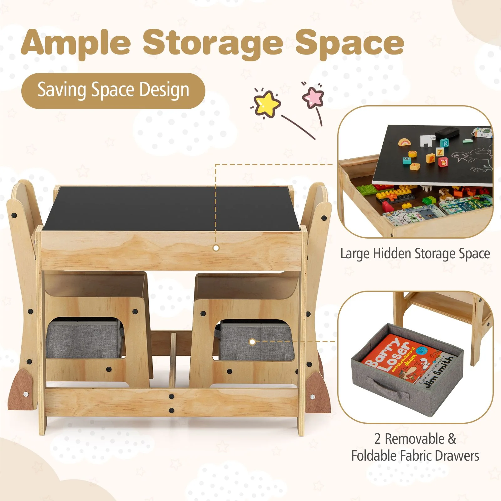 3 in 1 Thickened Wooden Kids Table and Chair Set with Removable Tabletop and 2 Storage Drawers - Image 7