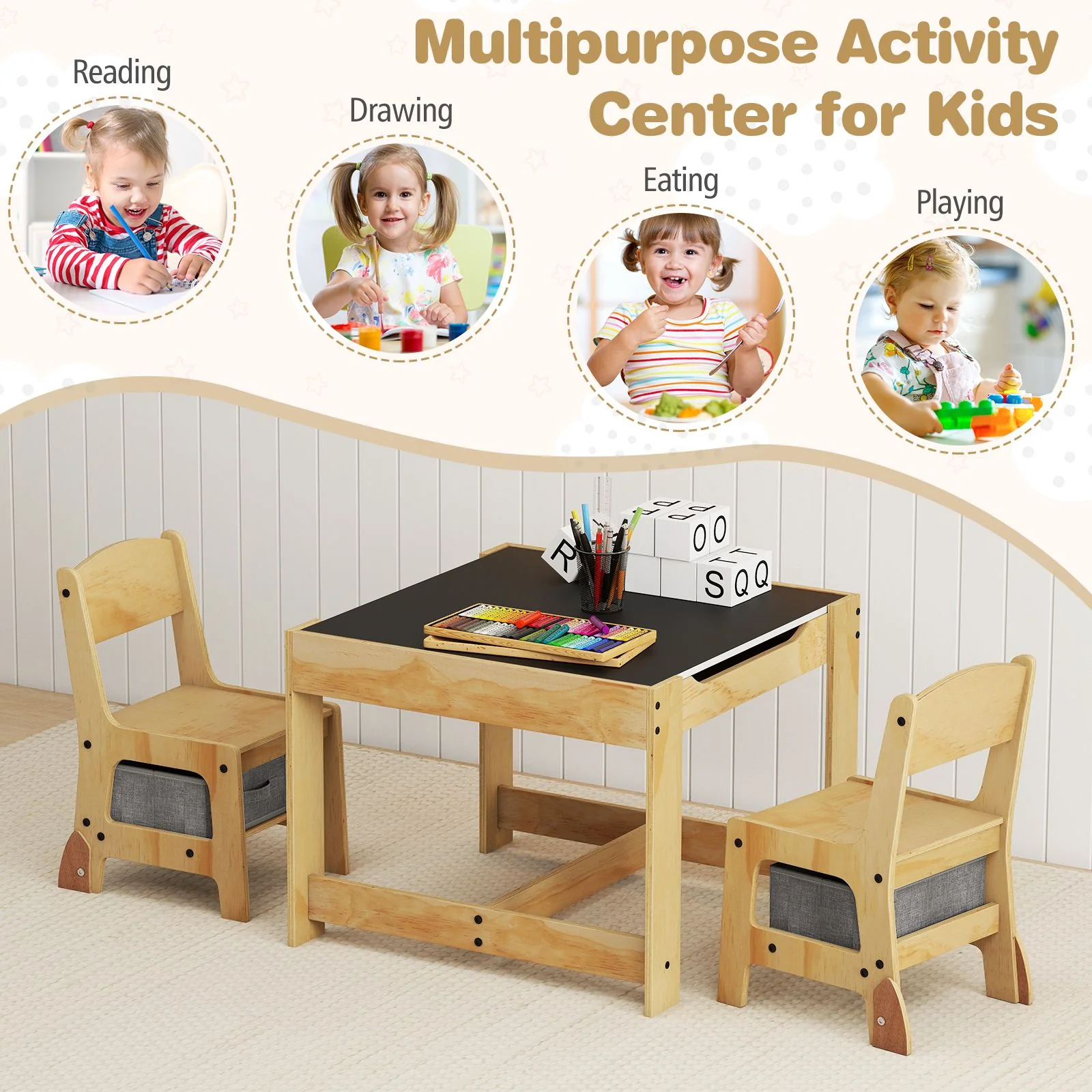 3 in 1 Thickened Wooden Kids Table and Chair Set with Removable Tabletop and 2 Storage Drawers - Image 8
