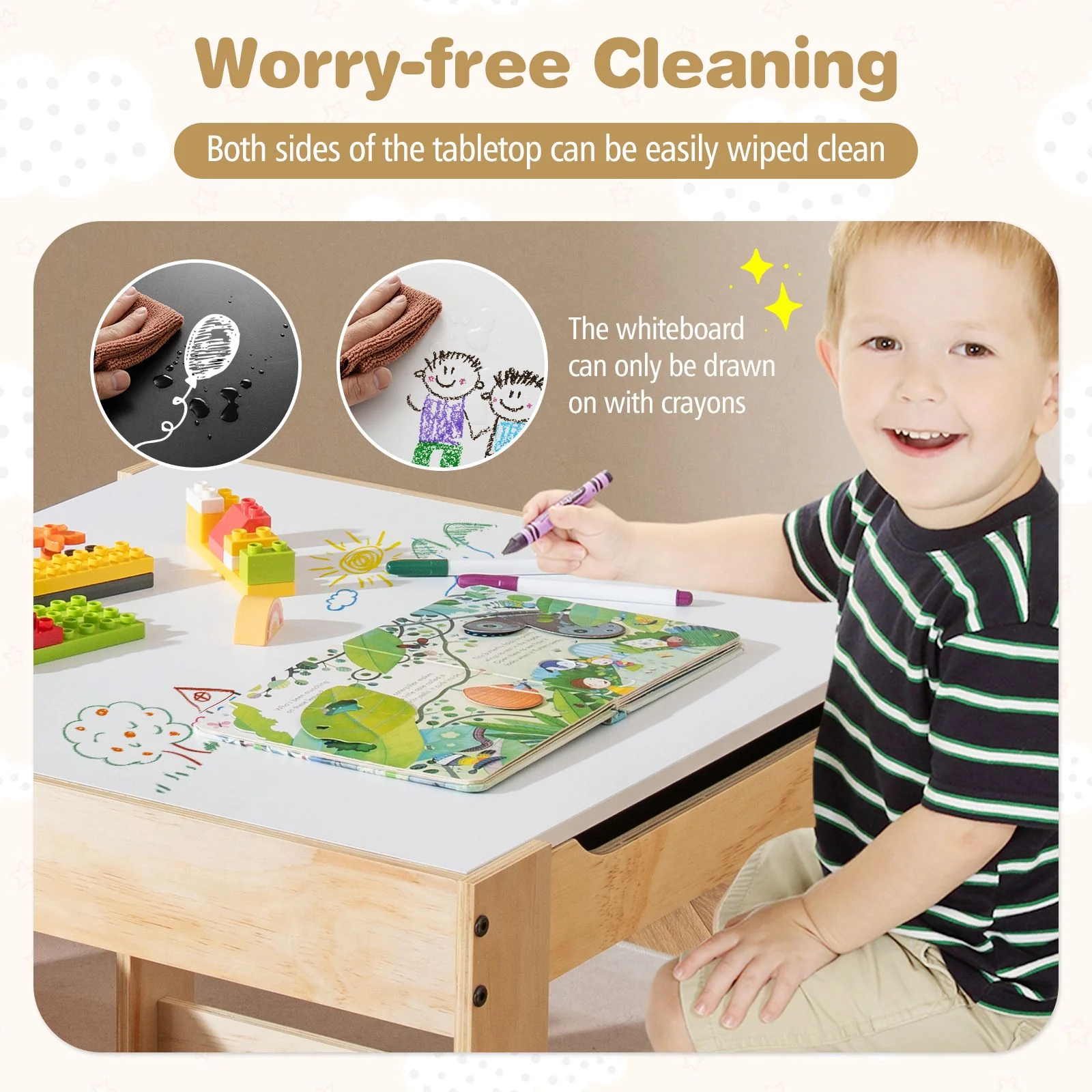 3 in 1 Thickened Wooden Kids Table and Chair Set with Removable Tabletop and 2 Storage Drawers - Image 9