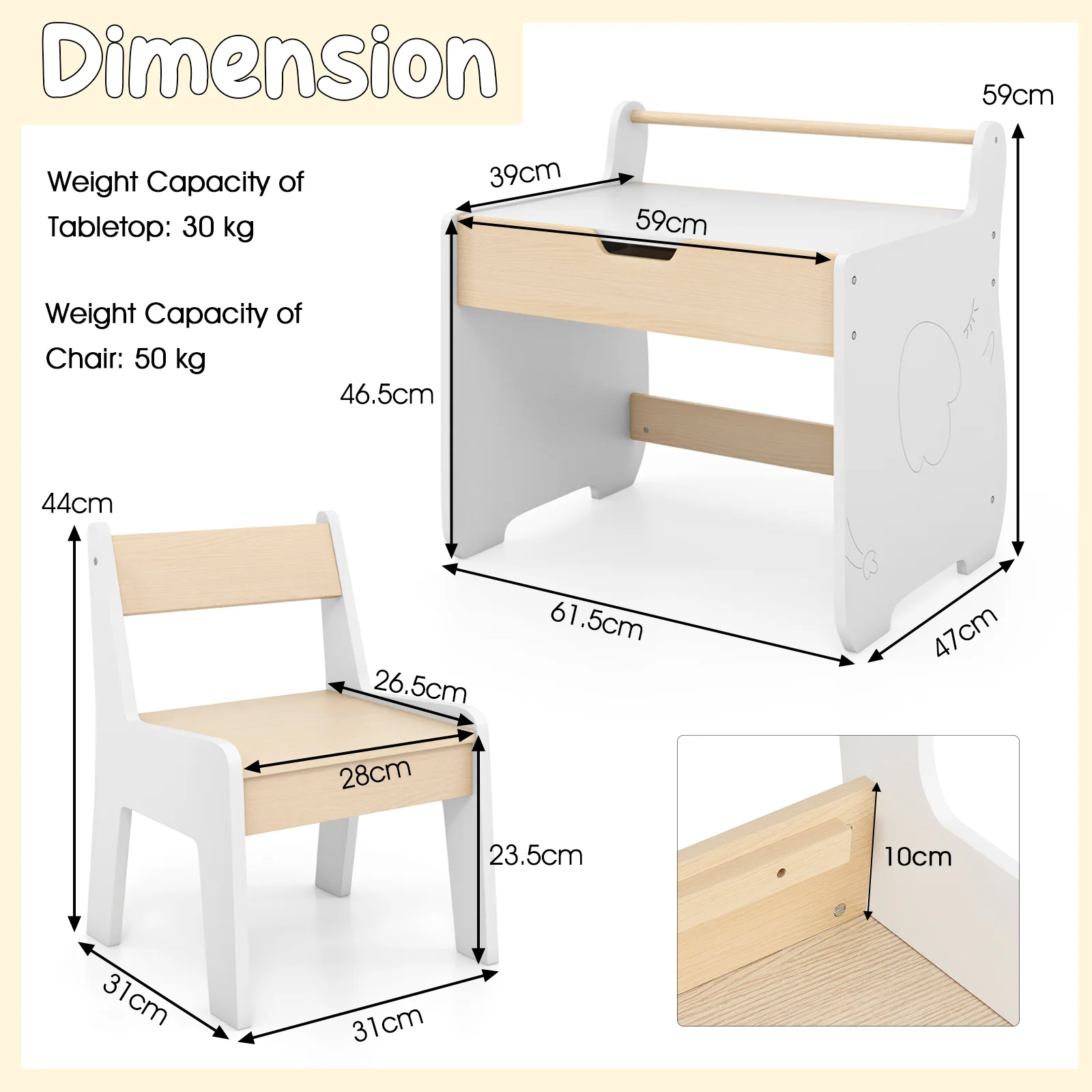 3 In 1 Kids Wood Table and Chair Set, Toddler Craft and Play Activity Desk w/ Detachable Tabletop - Image 10