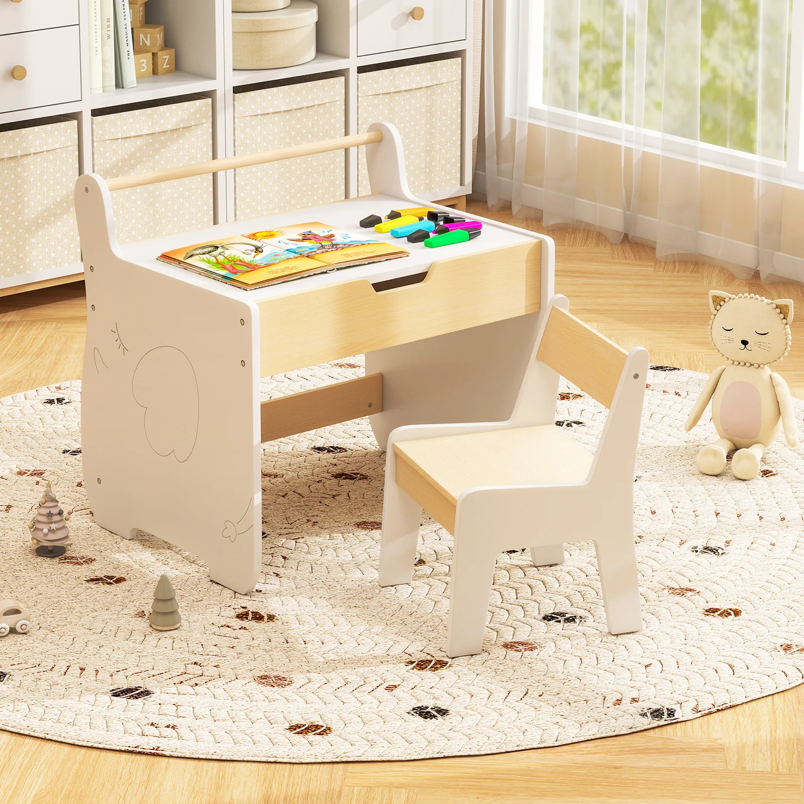 3 In 1 Kids Wood Table and Chair Set, Toddler Craft and Play Activity Desk w/ Detachable Tabletop - Image 4
