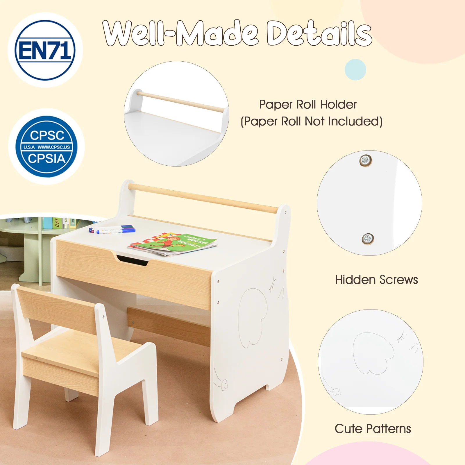 3 In 1 Kids Wood Table and Chair Set, Toddler Craft and Play Activity Desk w/ Detachable Tabletop - Image 5