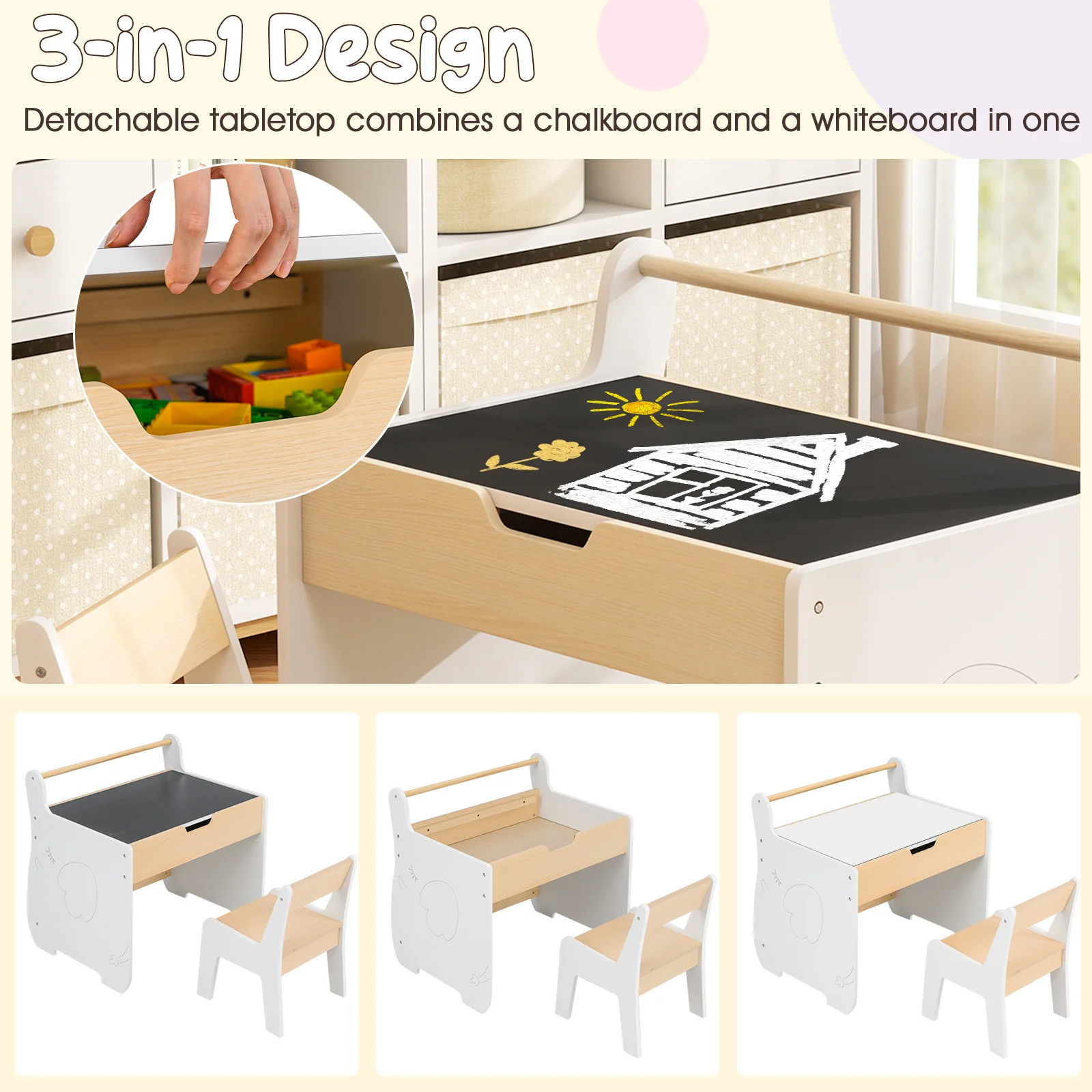3 In 1 Kids Wood Table and Chair Set, Toddler Craft and Play Activity Desk w/ Detachable Tabletop - Image 6