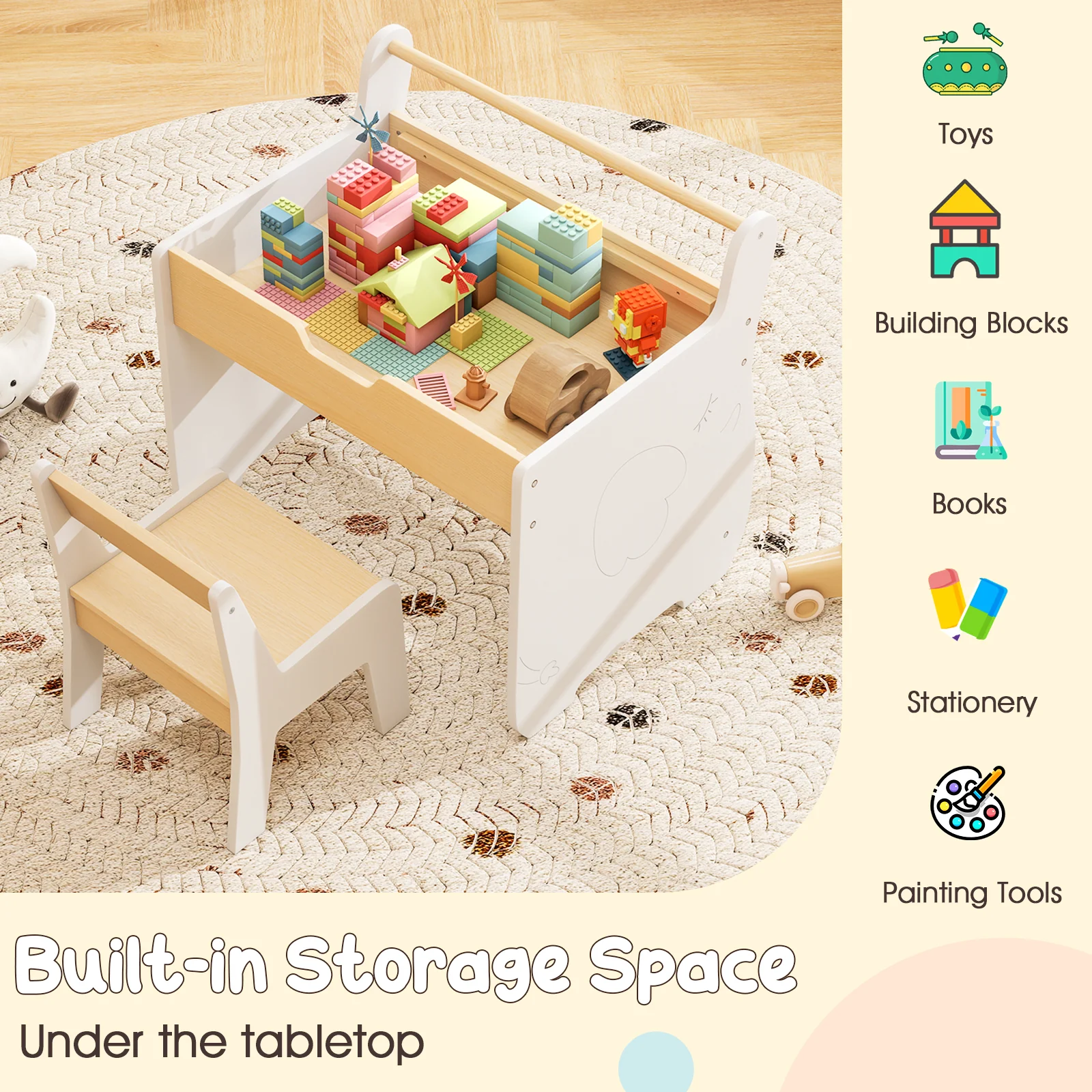 3 In 1 Kids Wood Table and Chair Set, Toddler Craft and Play Activity Desk w/ Detachable Tabletop - Image 7