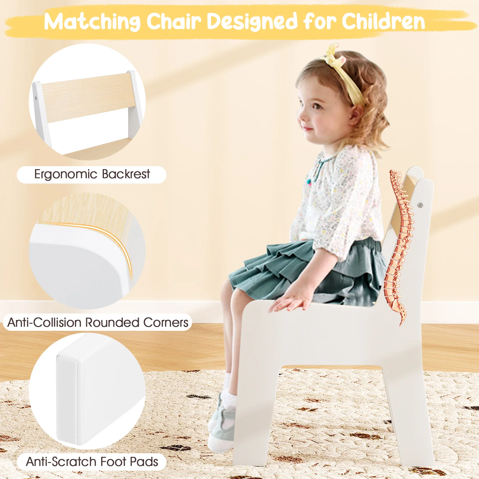 3 In 1 Kids Wood Table and Chair Set, Toddler Craft and Play Activity Desk w/ Detachable Tabletop - Image 8