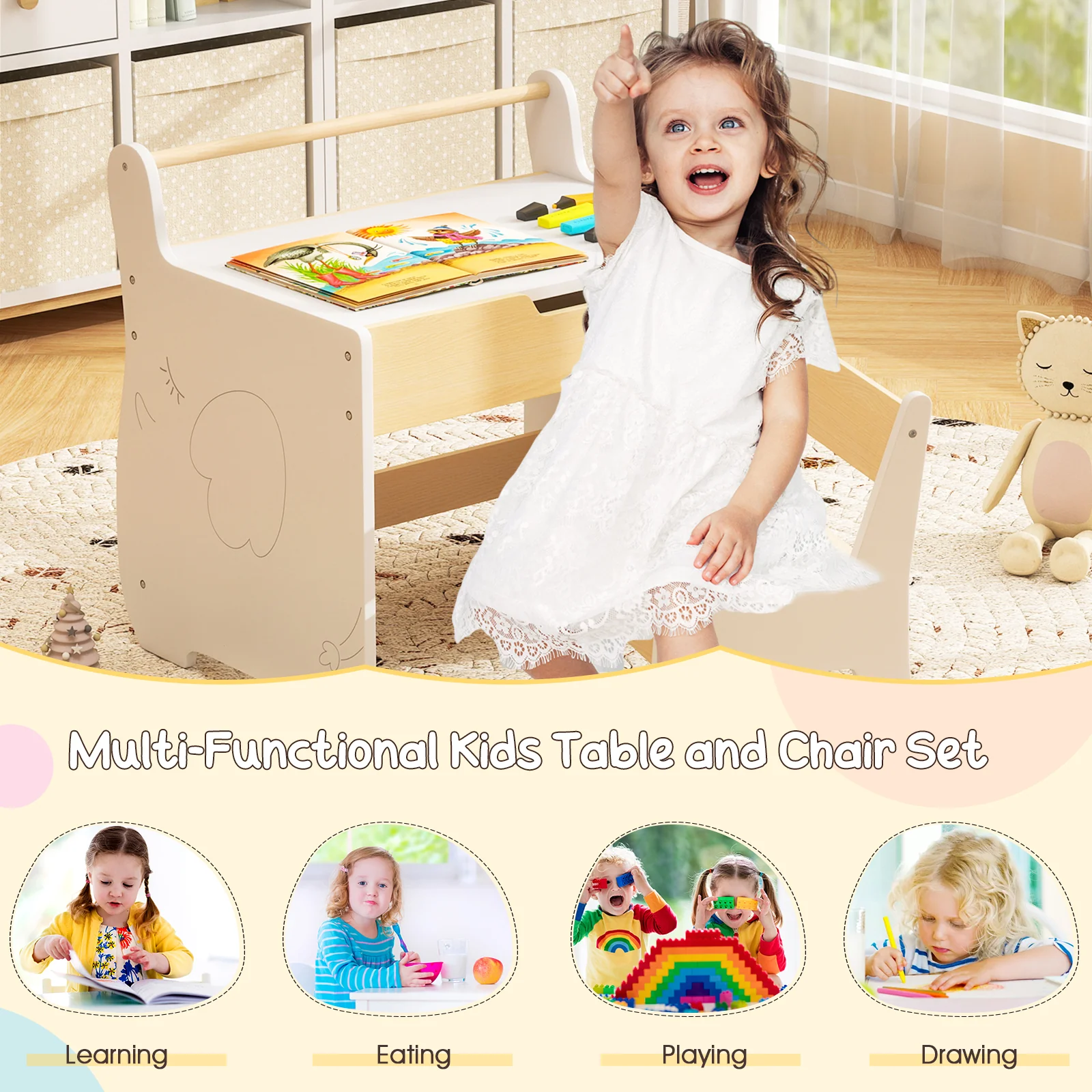 3 In 1 Kids Wood Table and Chair Set, Toddler Craft and Play Activity Desk w/ Detachable Tabletop - Image 9