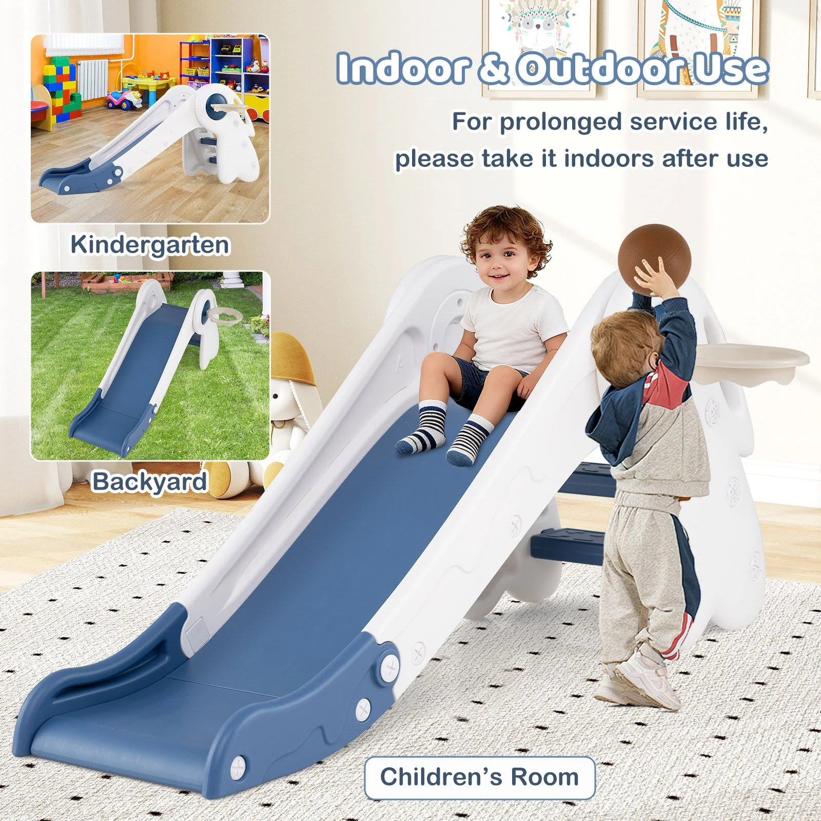 3 in 1 Toddler Slide Baby Slide Climber Playset with Basketball Hoop and Basketball - Image 2
