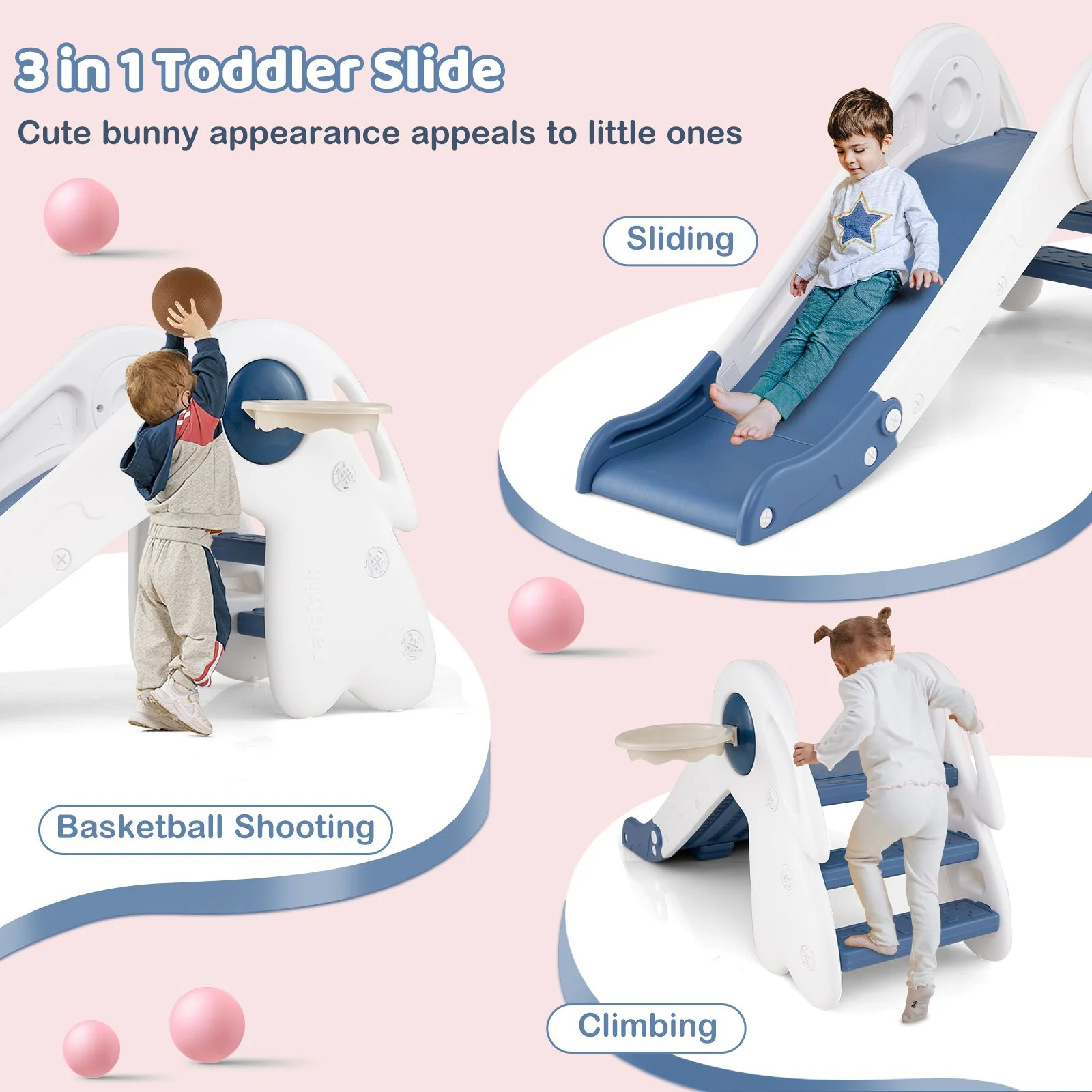 3 in 1 Toddler Slide Baby Slide Climber Playset with Basketball Hoop and Basketball - Image 4