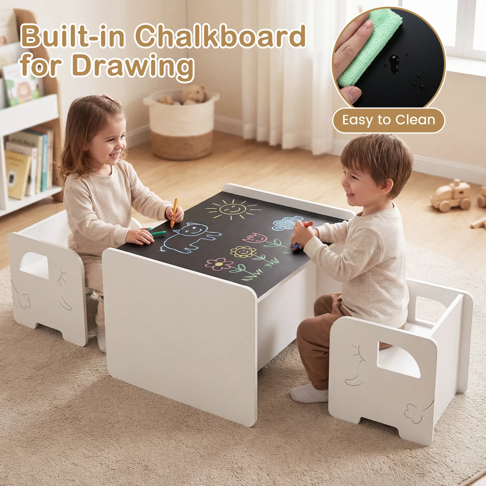 3 PCS Kids Table and Chair Set Space-saving Toddler Table and 2 Chairs with Chalkboard - Image 5