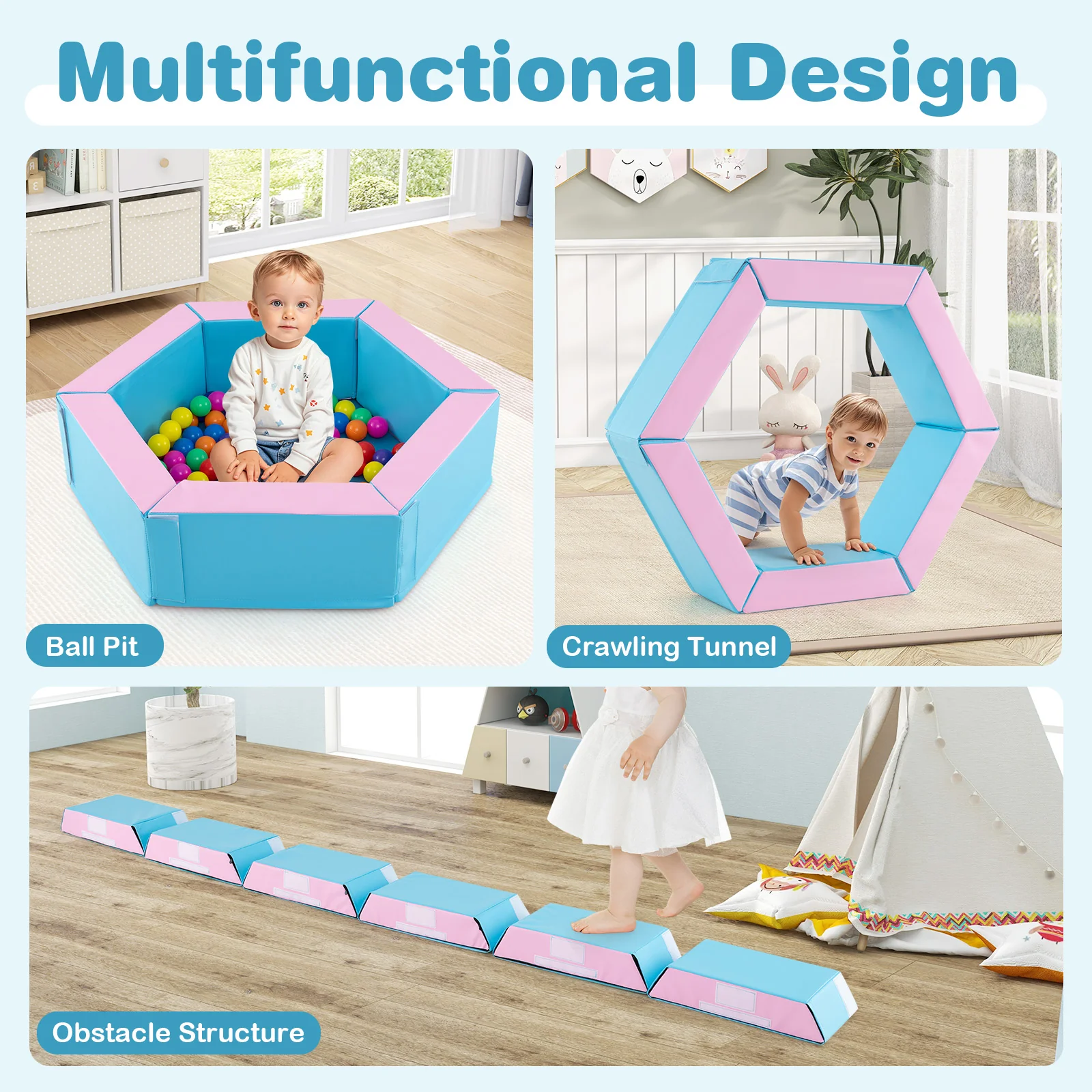 3-Piece Baby Foam Climbing Blocks, Indoor Climb and Crawl Activity Play Set with Ball Pit - Image 4