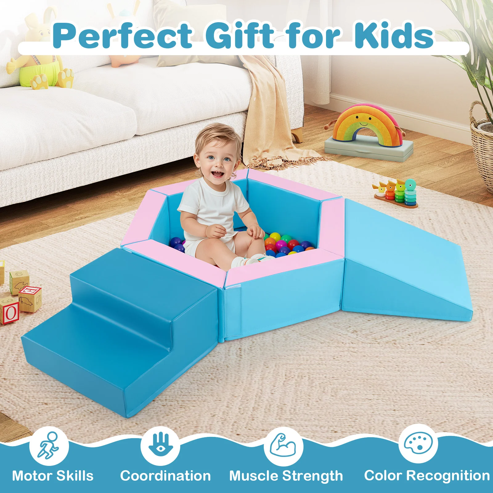 3-Piece Baby Foam Climbing Blocks, Indoor Climb and Crawl Activity Play Set with Ball Pit - Image 6