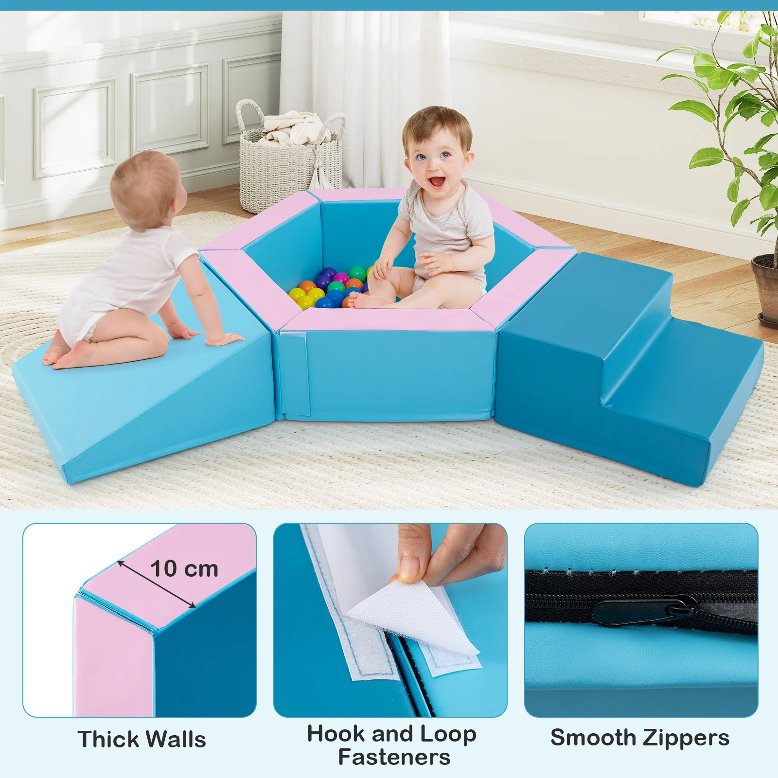 3-Piece Baby Foam Climbing Blocks, Indoor Climb and Crawl Activity Play Set with Ball Pit - Image 8