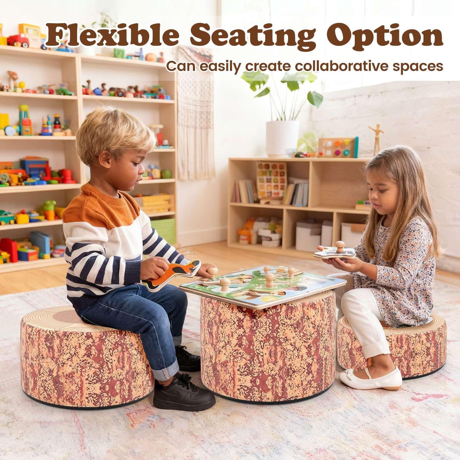 3-Piece Kids Floor Cushions with Wood Printing Nature Decoration - Image 4