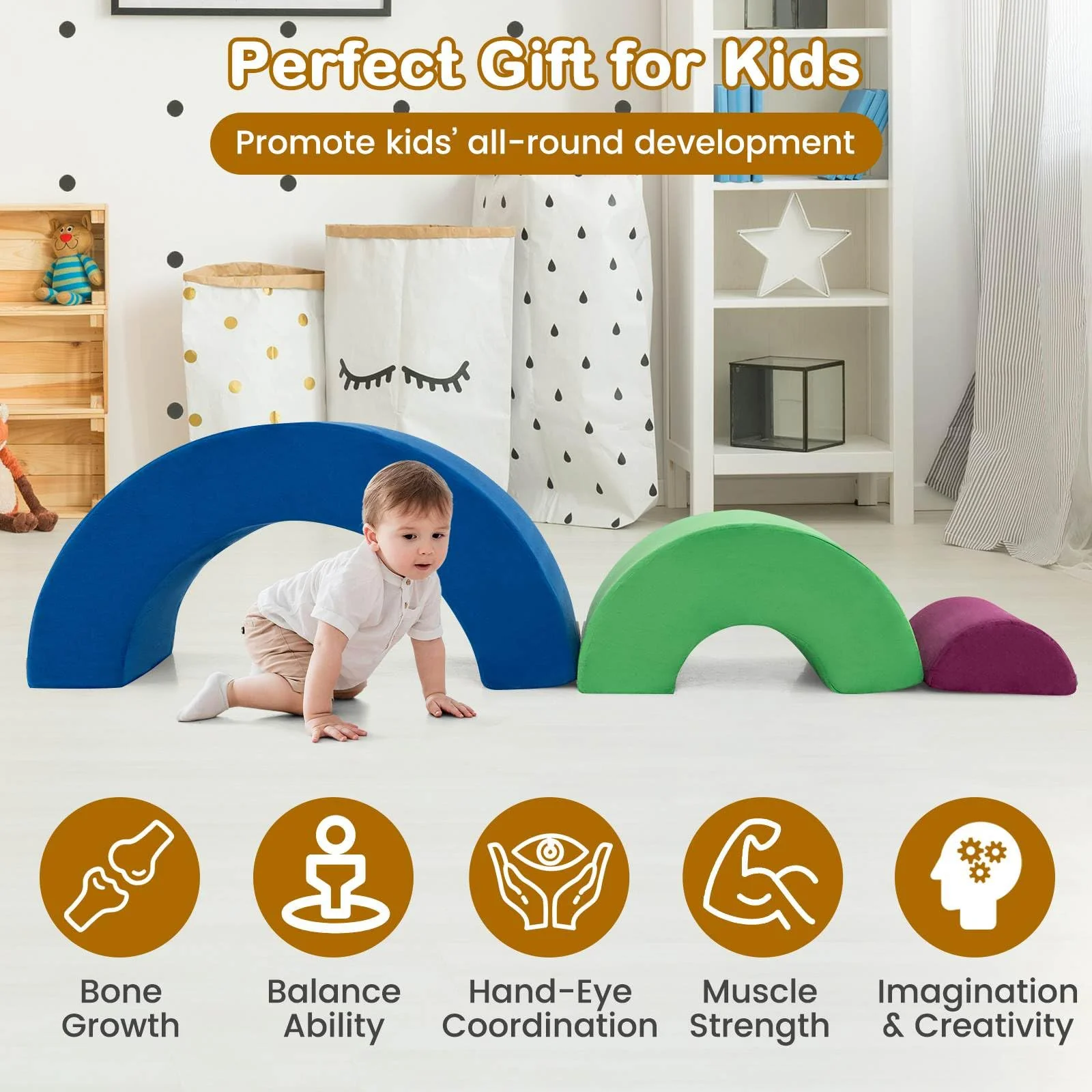 3 Piece Toddlers Climbing Toys, Indoor Soft Play Equipment Playset, Foam Rainbow Kids Couch with Elastic Filling - Image 8