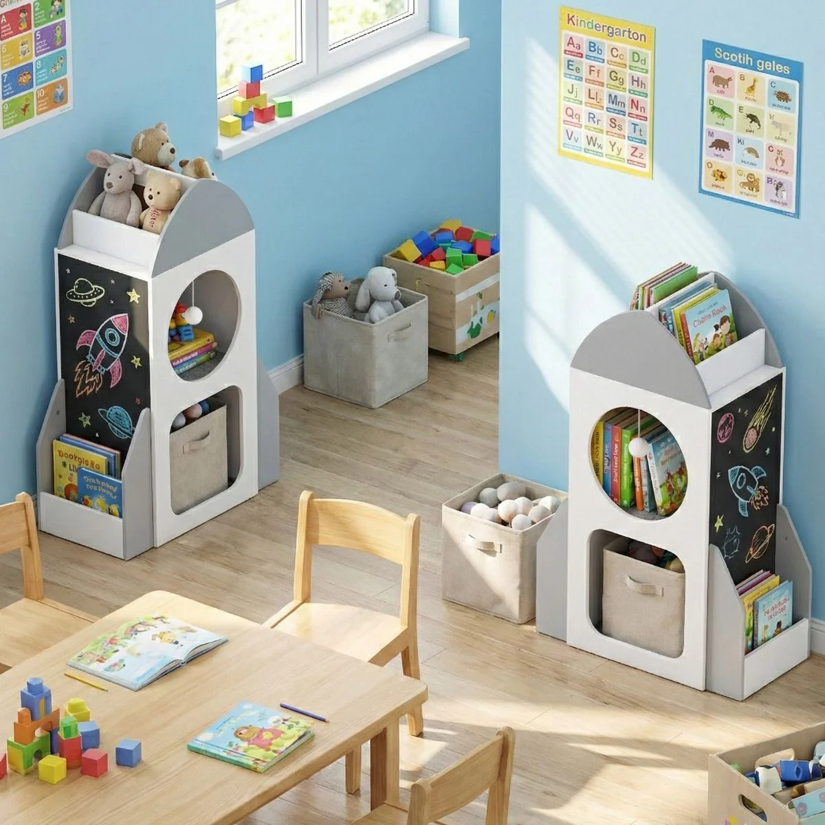 3-Tier Rocket Space Theme Kids Bookshelf with Chalkboard and Open Shelf - Image 2
