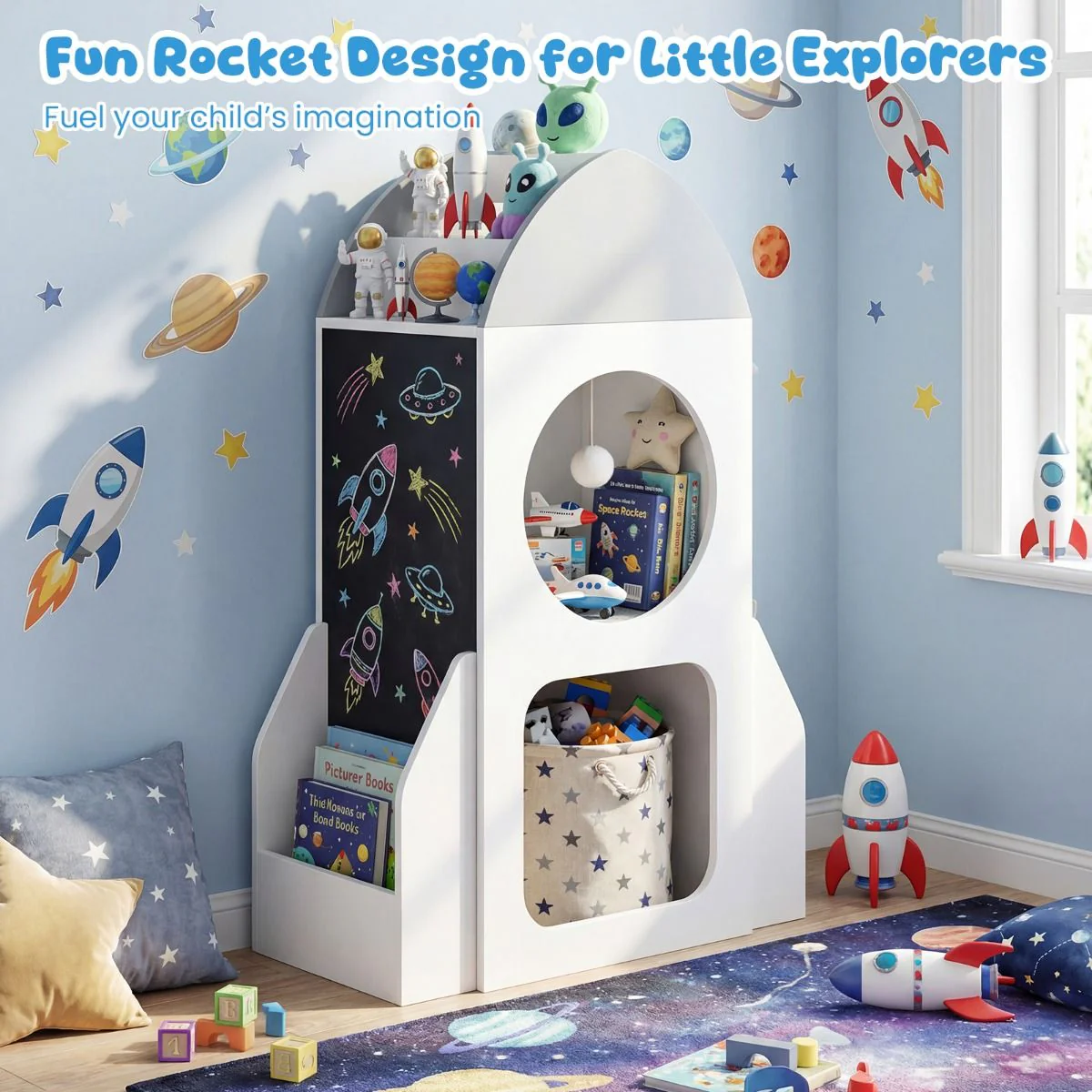 3-Tier Rocket Space Theme Kids Bookshelf with Chalkboard and Open Shelf - Image 4