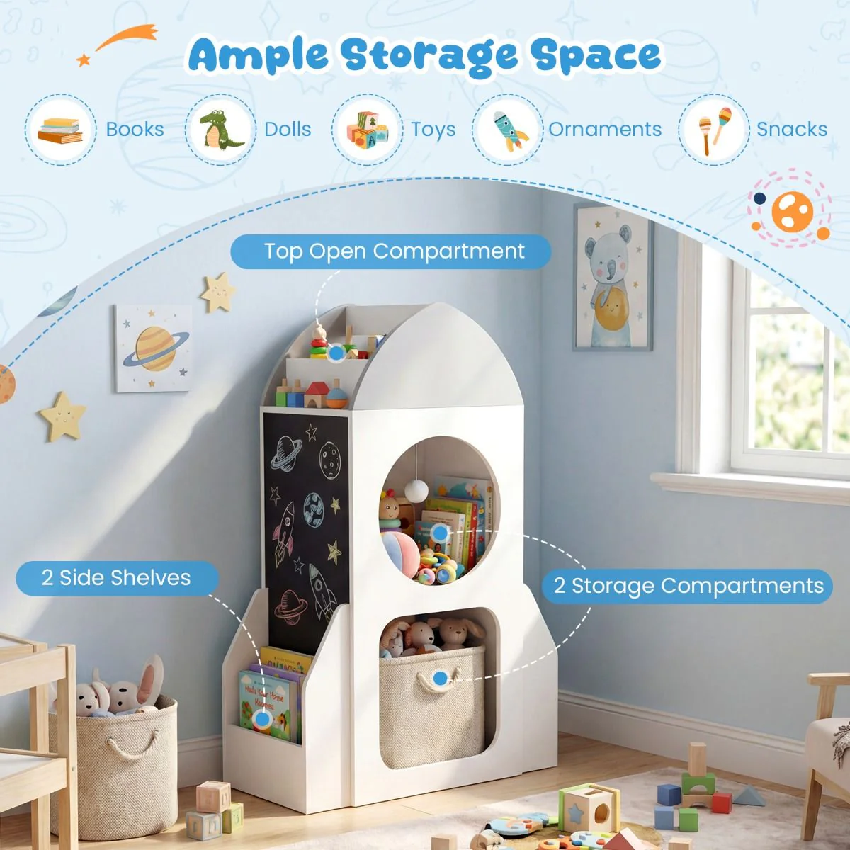 3-Tier Rocket Space Theme Kids Bookshelf with Chalkboard and Open Shelf - Image 6