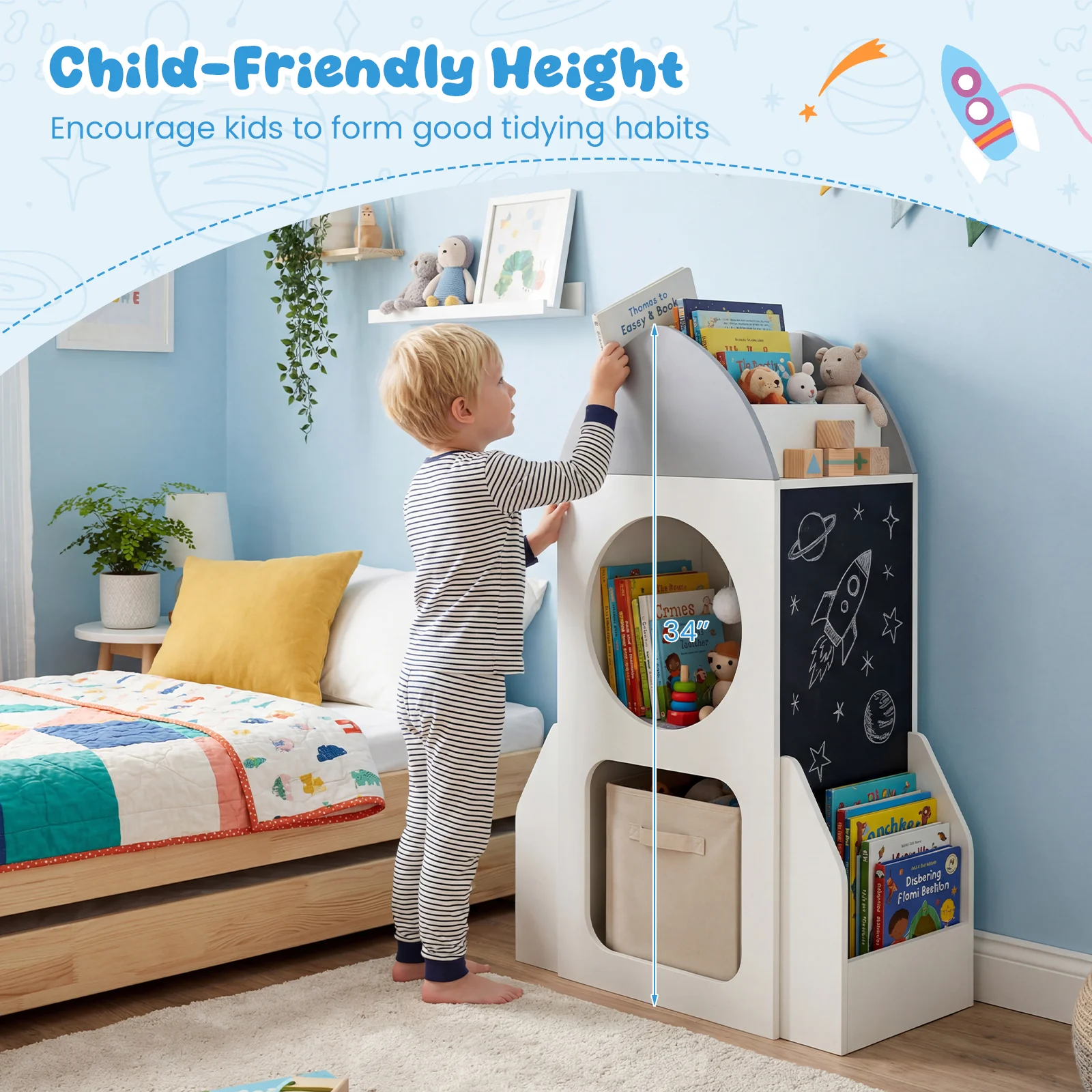 3-Tier Rocket Space Theme Kids Bookshelf with Chalkboard and Open Shelf - Image 8
