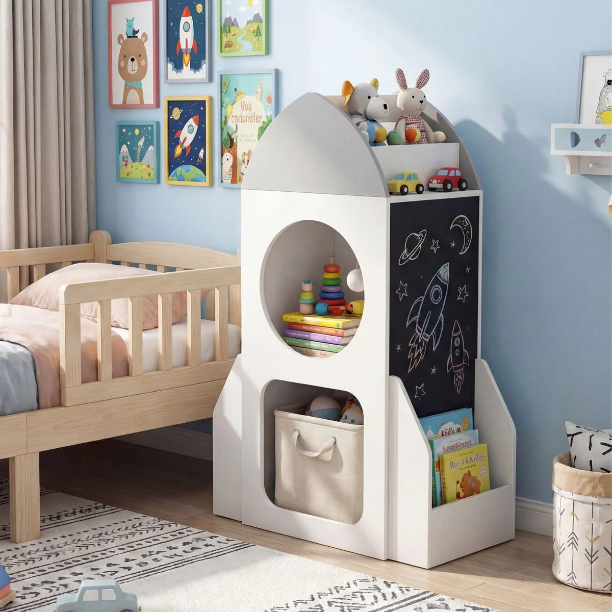 3-Tier Rocket Space Theme Kids Bookshelf with Chalkboard and Open Shelf - Image 9