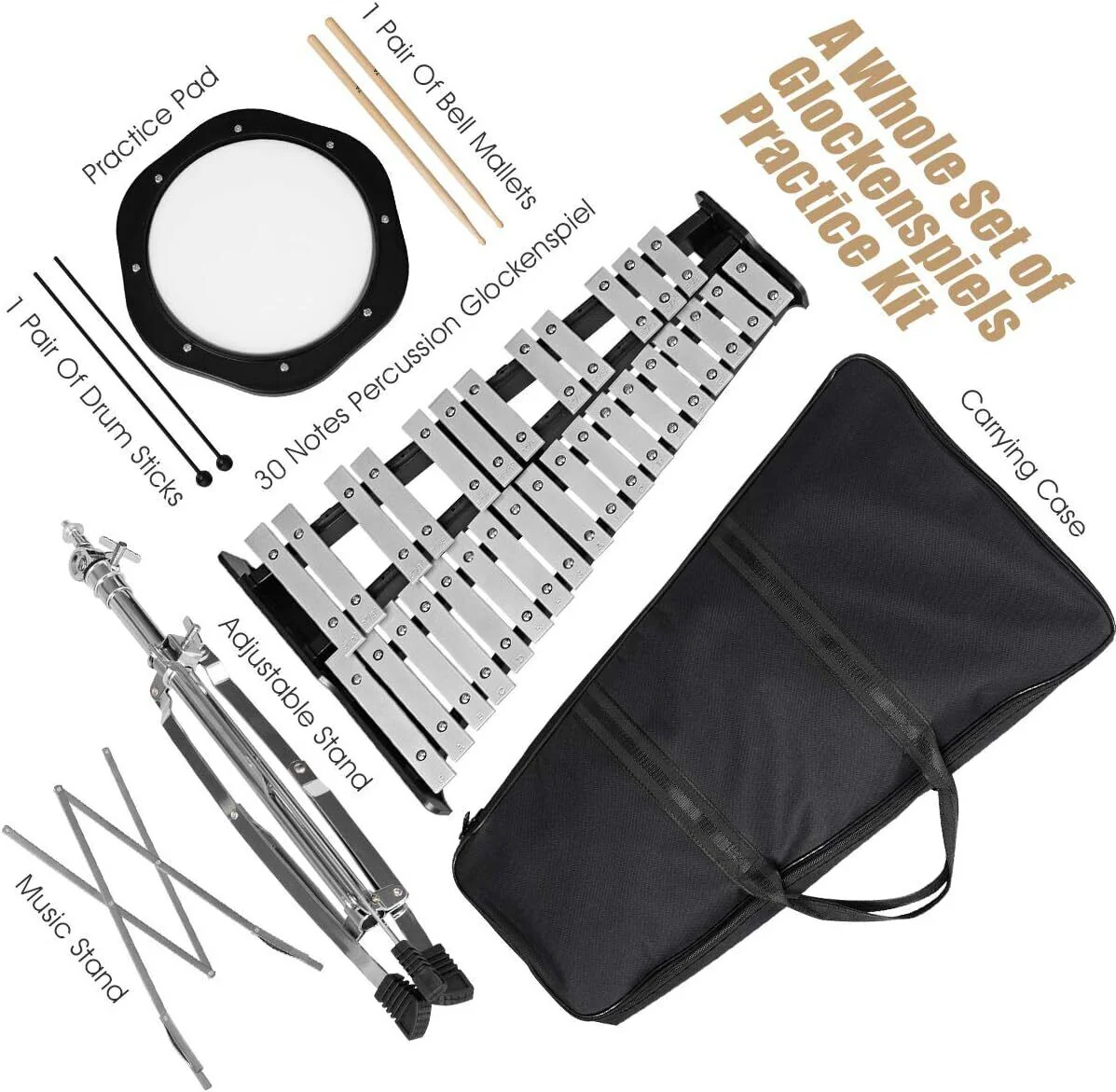 30 Notes Glockenspiel Xylophone Bell Kit with Practice Pad Percussion Instrument - Image 8