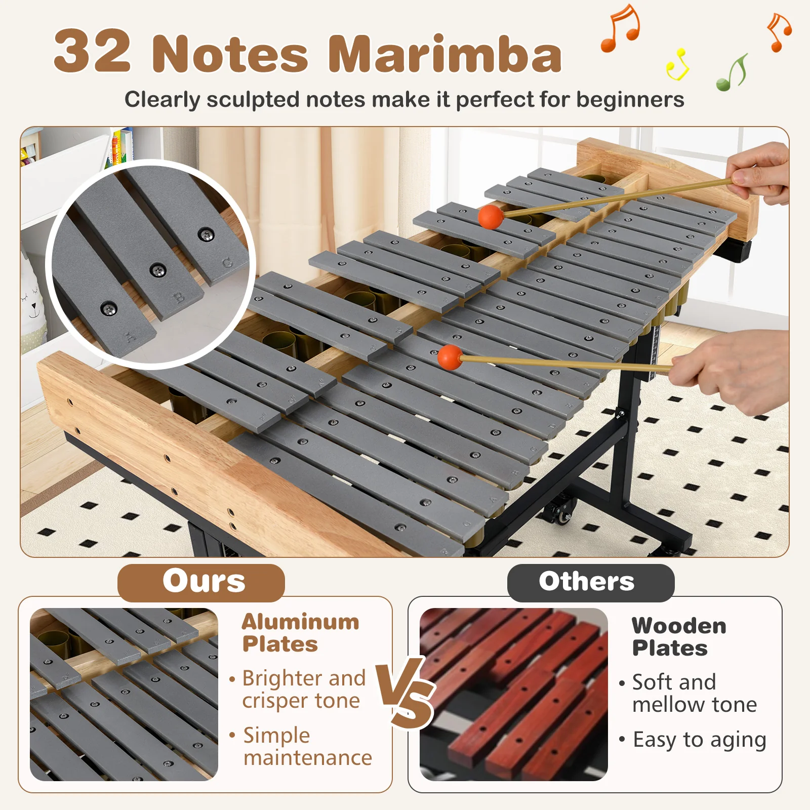 32 Note Marimba, Aluminum Xylophone, Adjustable Stand & Lockable Wheels for Beginners - Image 4