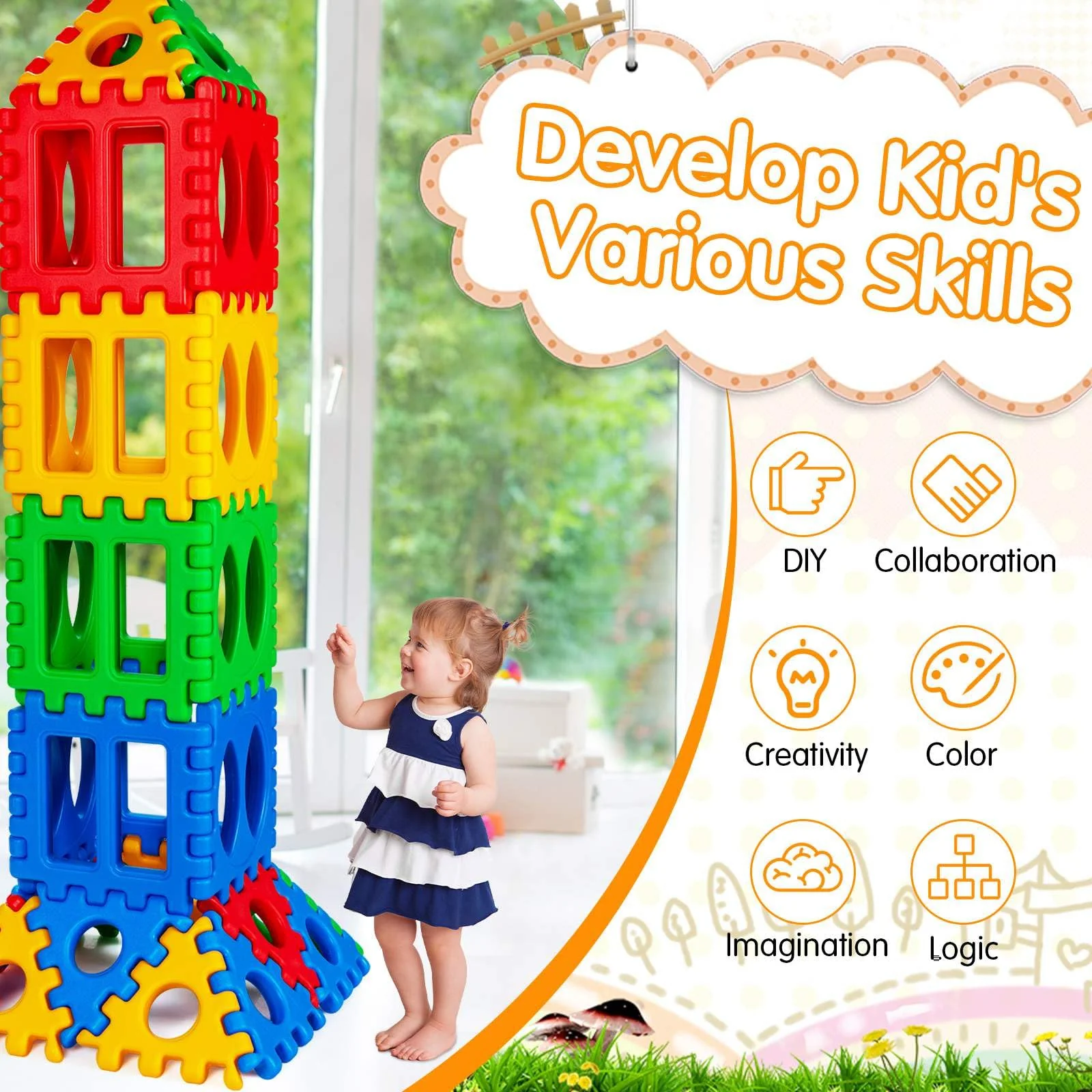 32 Pieces Big Waffle Block Set for Kids Educational Stacking Building Set Gift - Image 7