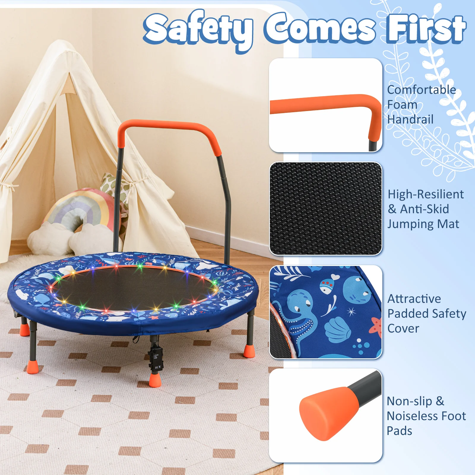 36" Mini Trampoline with 20 LED Lights, Foldable Trampoline for Kids - Image 10