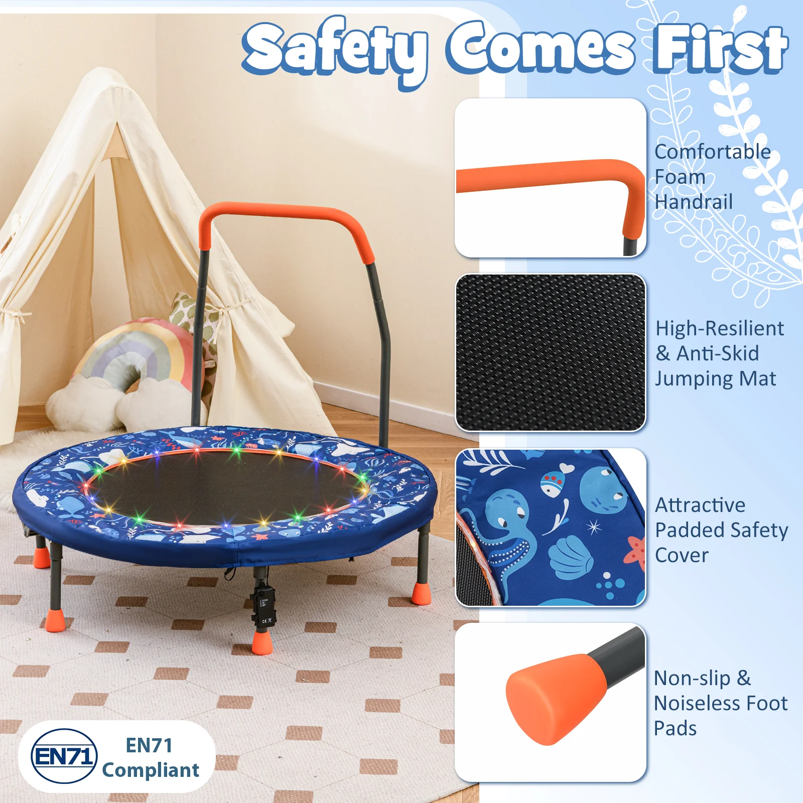 36" Mini Trampoline with 20 LED Lights, Foldable Trampoline for Kids - Image 3