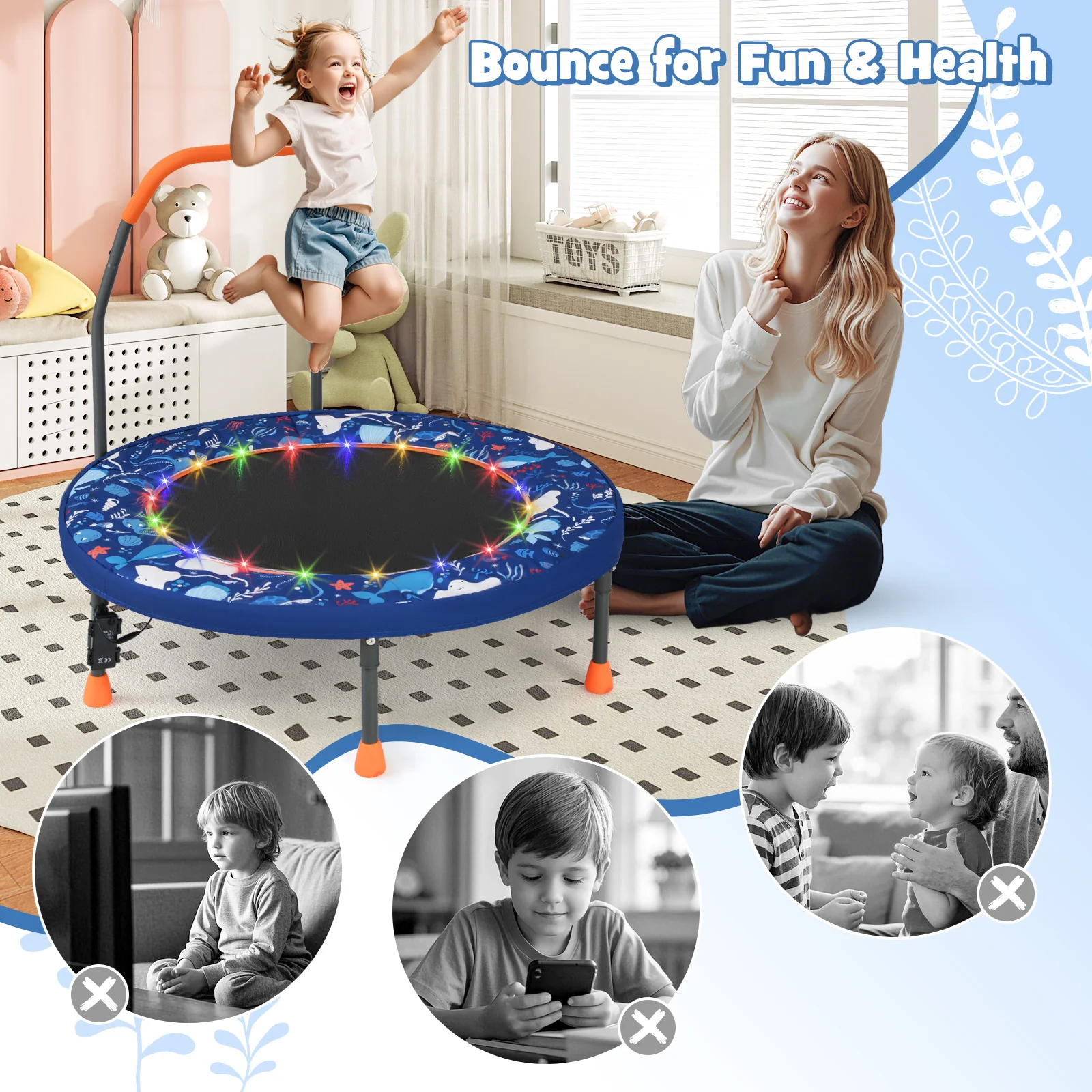 36" Mini Trampoline with 20 LED Lights, Foldable Trampoline for Kids - Image 7