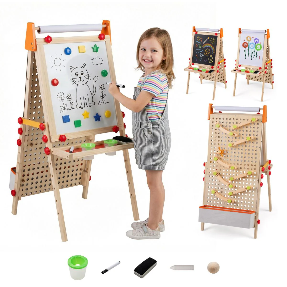 4-in-1 Adjustable Kids Art Easel with Double-Sided Blackboard and Whiteboard for Ages 3+
