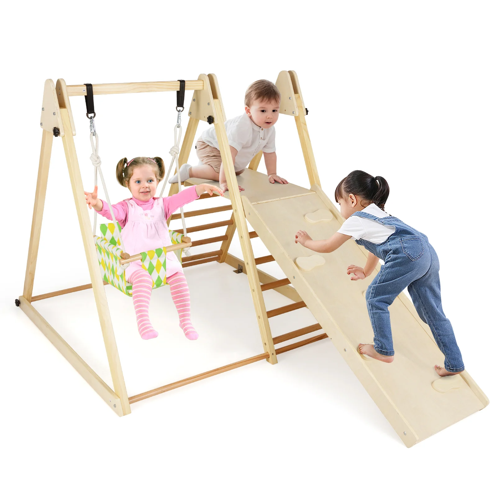 4-in-1 Indoor Jungle Gym, Montessori Wooden Climber Playset for Kids 1+ Years Old - Image 11