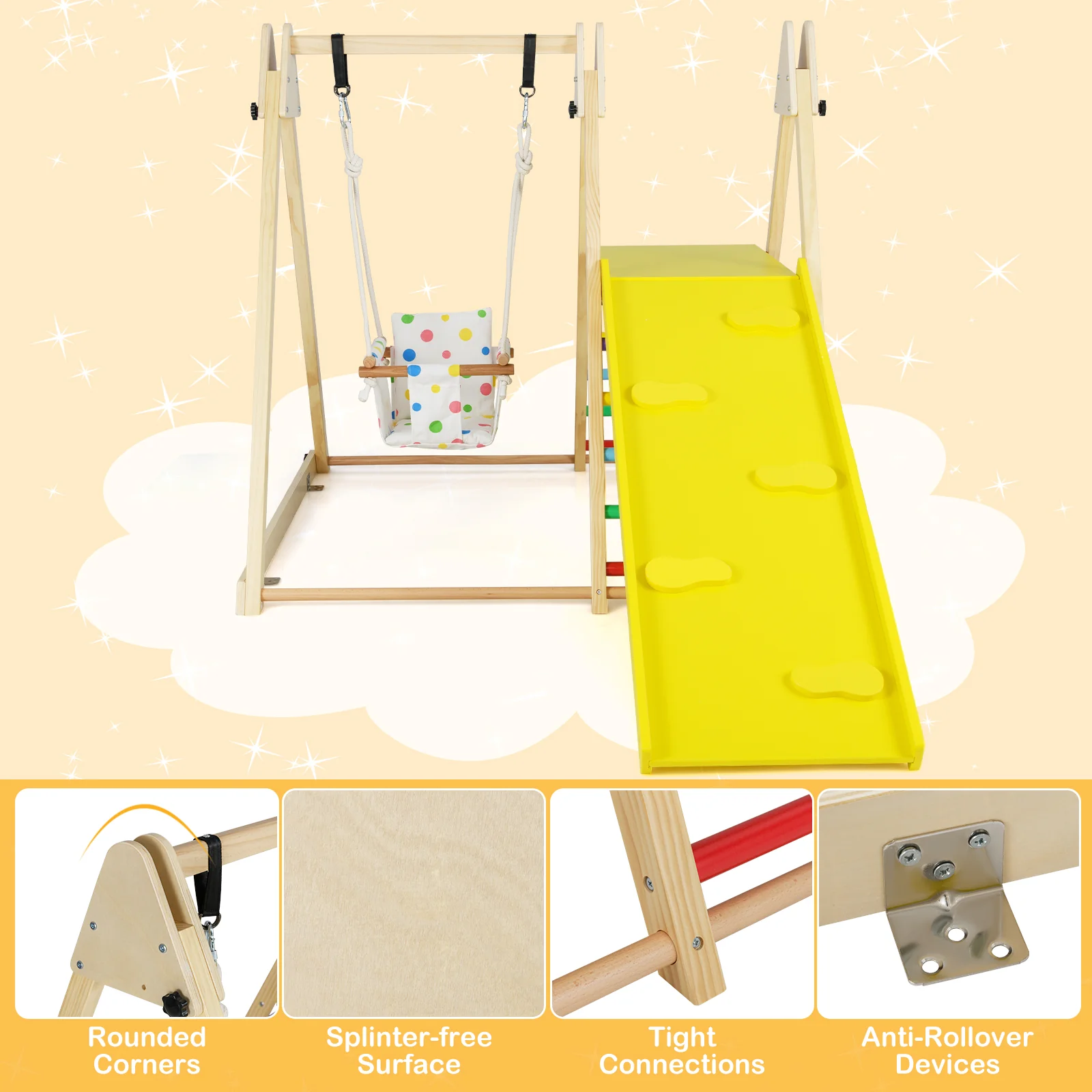 4-in-1 Indoor Jungle Gym, Montessori Wooden Climber Playset for Kids 1+ Years Old - Image 8