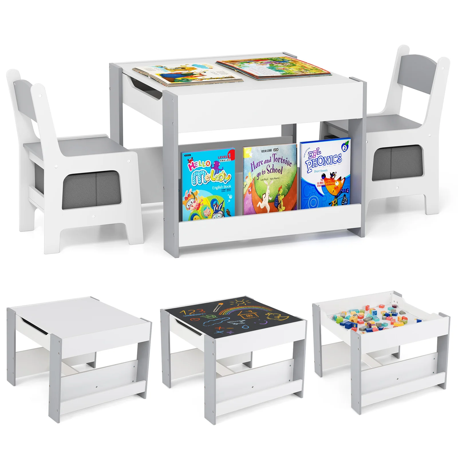 4-in-1 Kids Table and Chair Set, Wooden Activity Table, 2-in-1 Detachable Tabletop Table & Chair Set for Classroom - Image 10