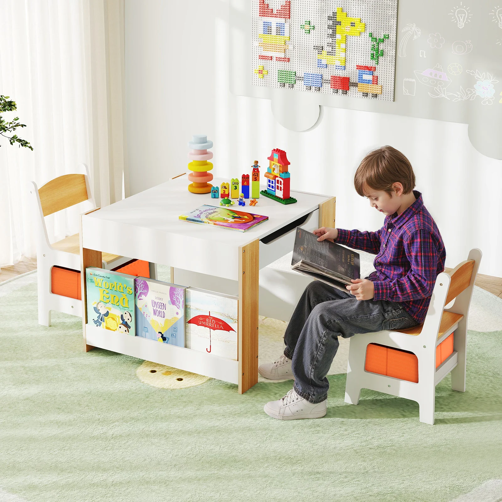 4-in-1 Kids Table and Chair Set, Wooden Activity Table, 2-in-1 Detachable Tabletop Table & Chair Set for Classroom - Image 2