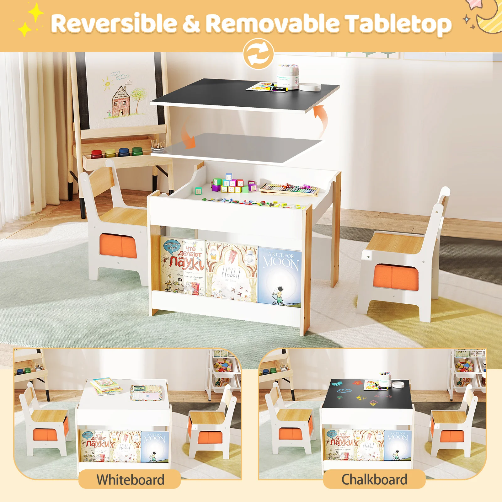 4-in-1 Kids Table and Chair Set, Wooden Activity Table, 2-in-1 Detachable Tabletop Table & Chair Set for Classroom - Image 6