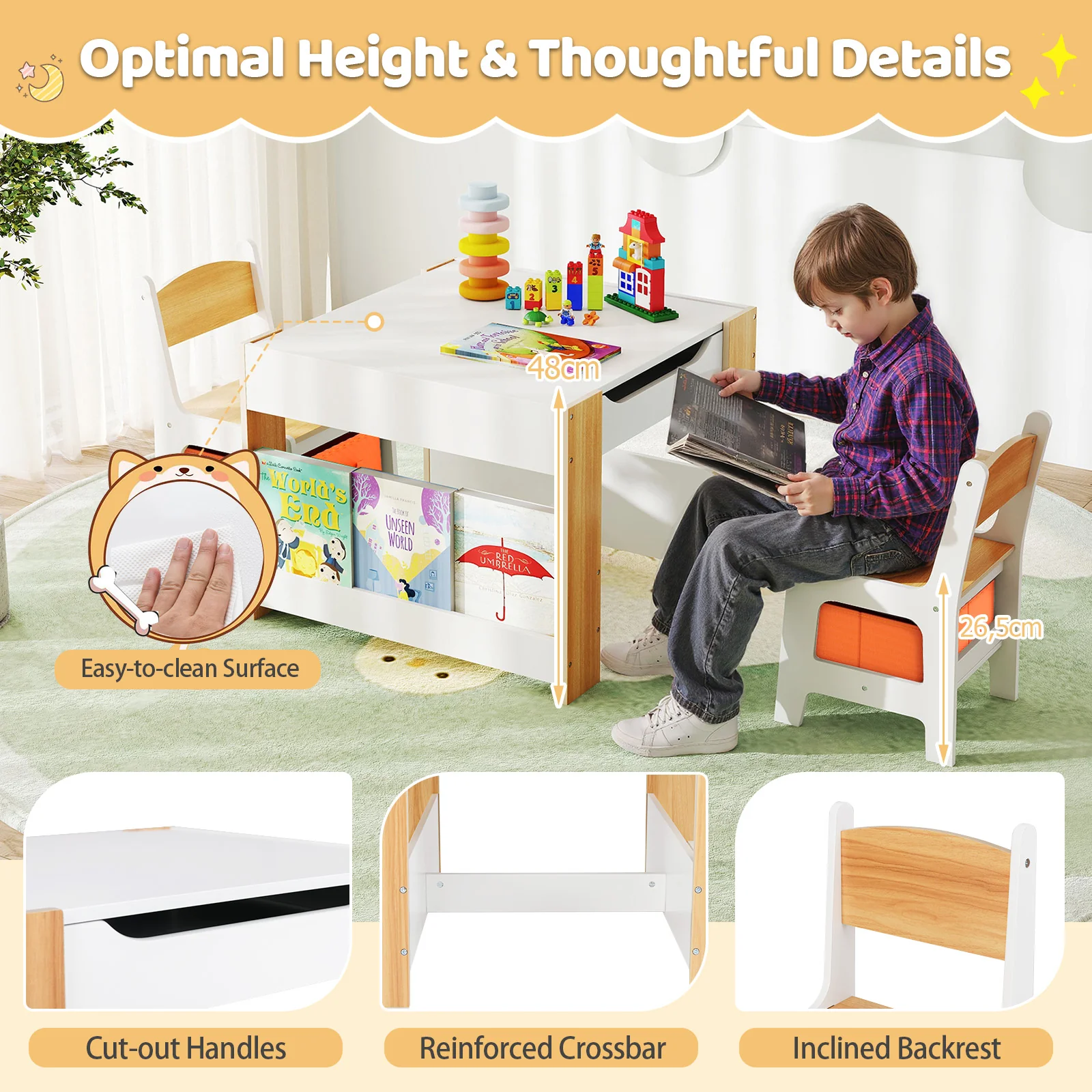 4-in-1 Kids Table and Chair Set, Wooden Activity Table, 2-in-1 Detachable Tabletop Table & Chair Set for Classroom - Image 8