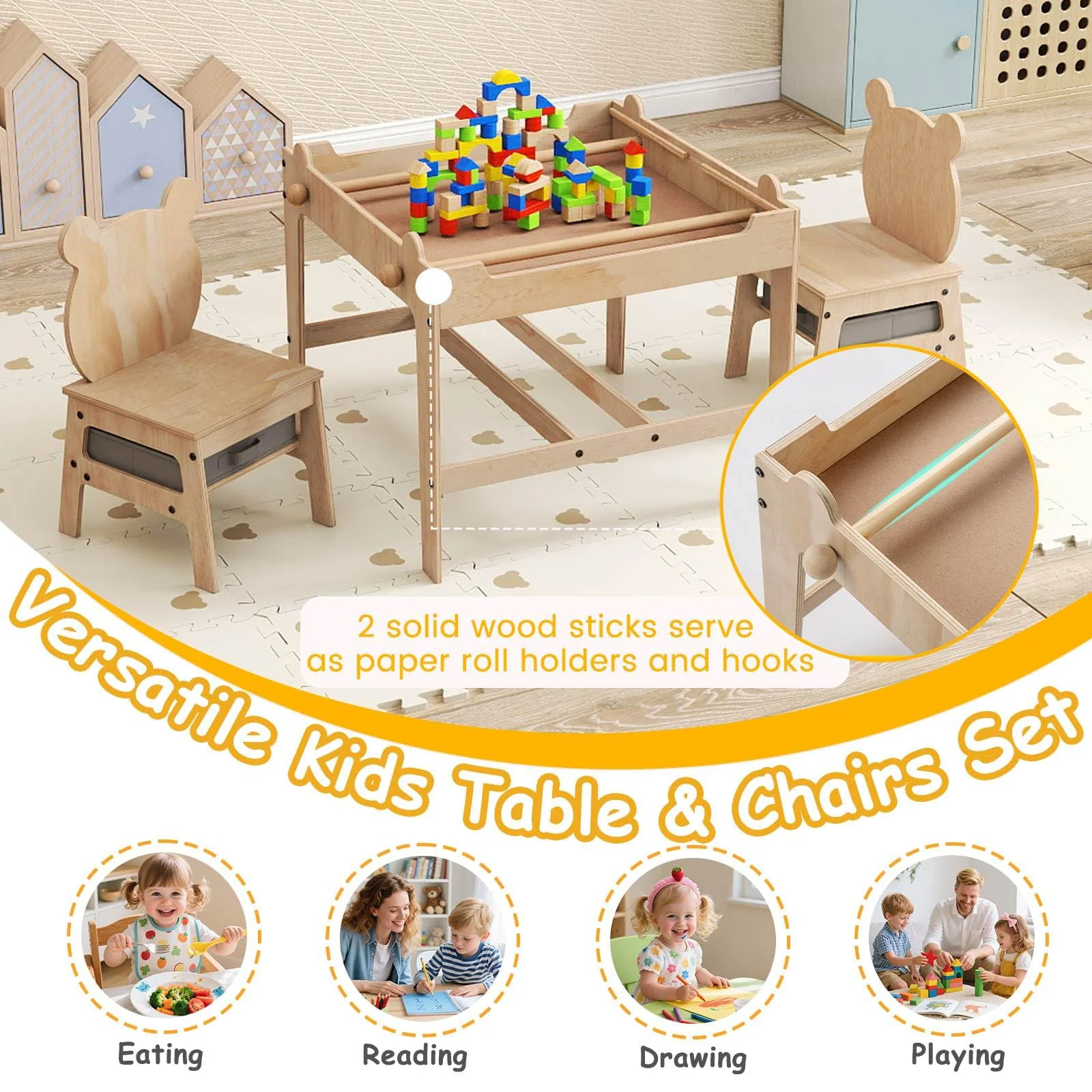 4-in-1 Kids Table and Chairs Set with Reversible Whiteboard for Arts Bear Style - Image 10