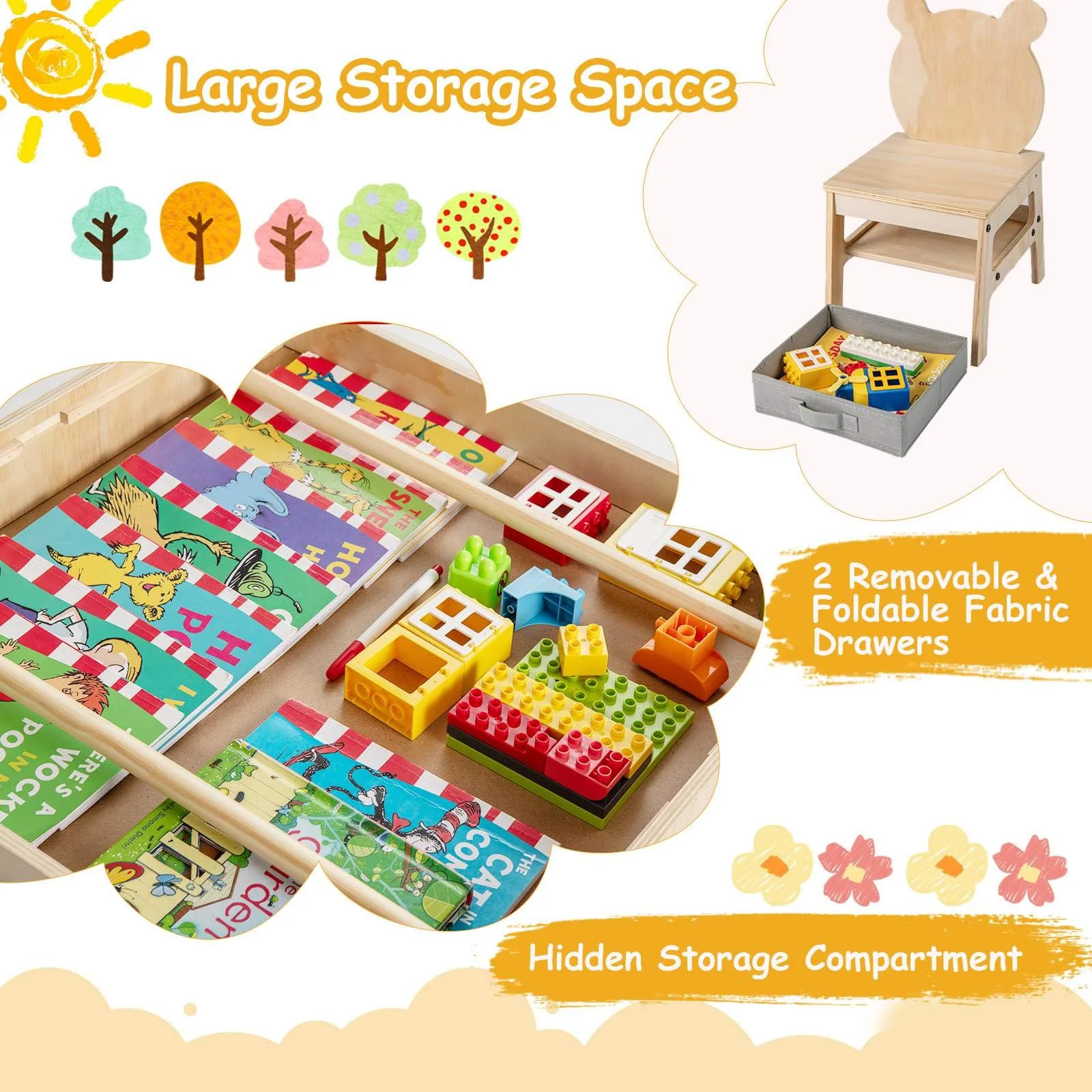 4-in-1 Kids Table and Chairs Set with Reversible Whiteboard for Arts Bear Style - Image 6