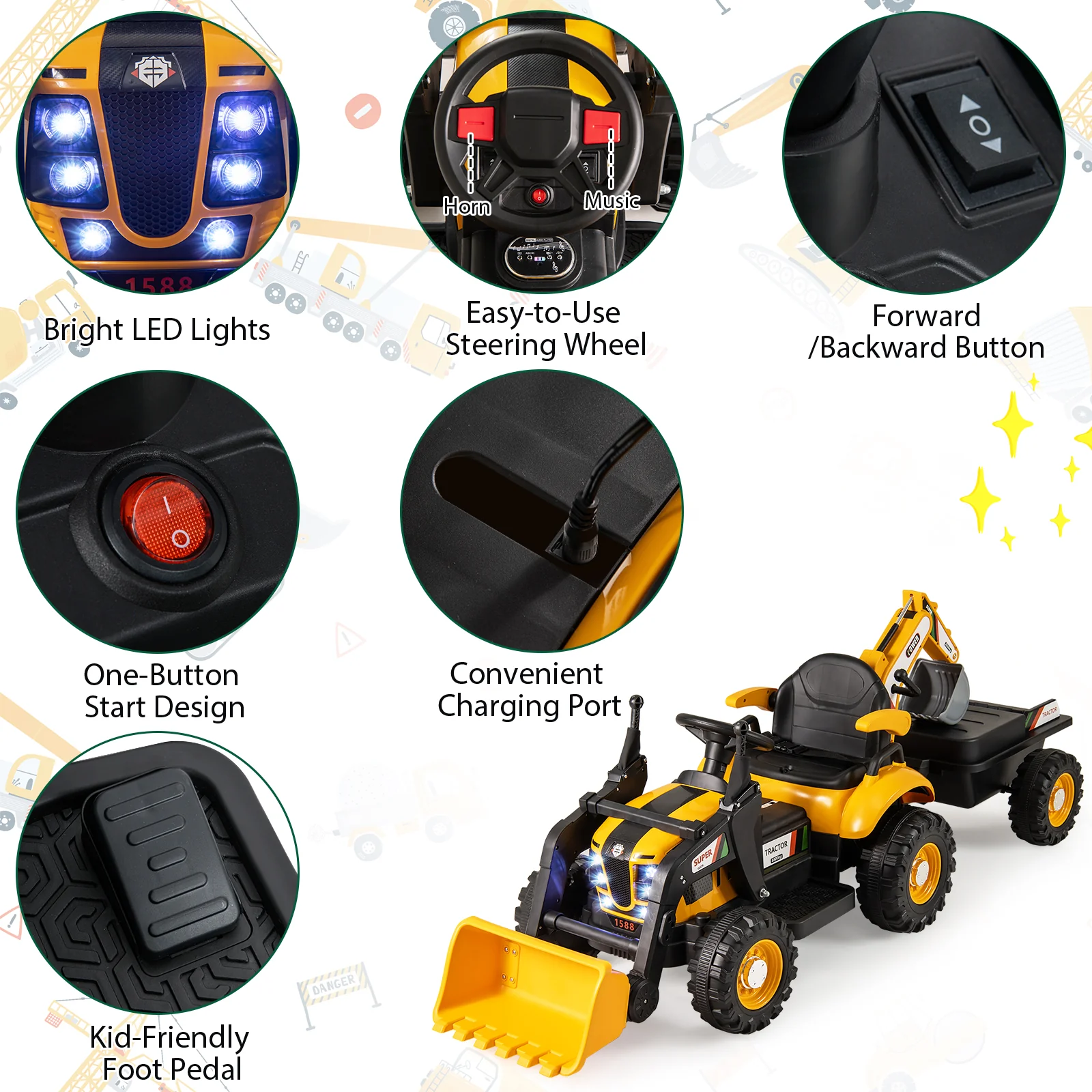 4 in 1 Ride on Tractor, Excavator & Bulldozer for Kids, 12V Electric Construction Vehicle - Image 11
