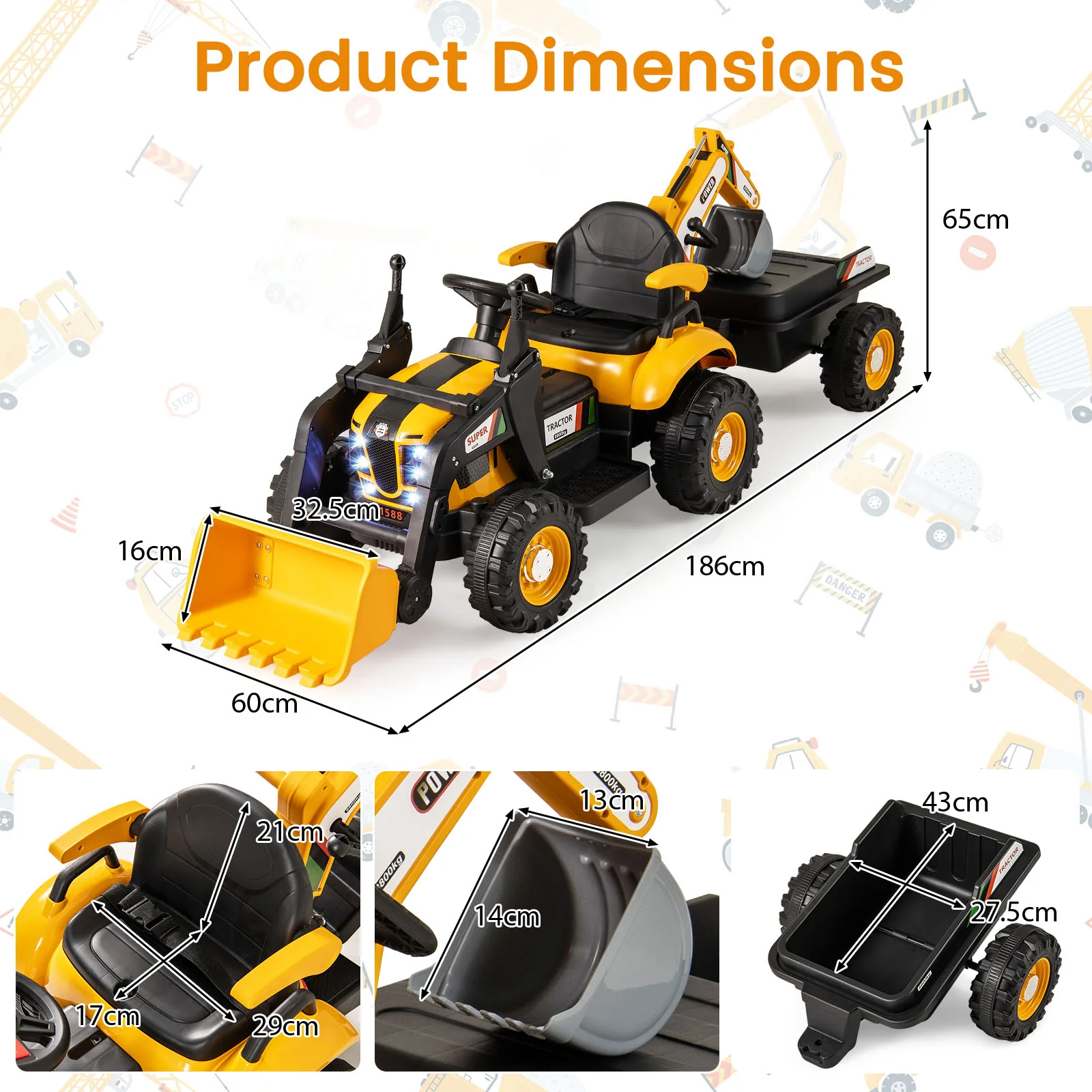 4 in 1 Ride on Tractor, Excavator & Bulldozer for Kids, 12V Electric Construction Vehicle - Image 3