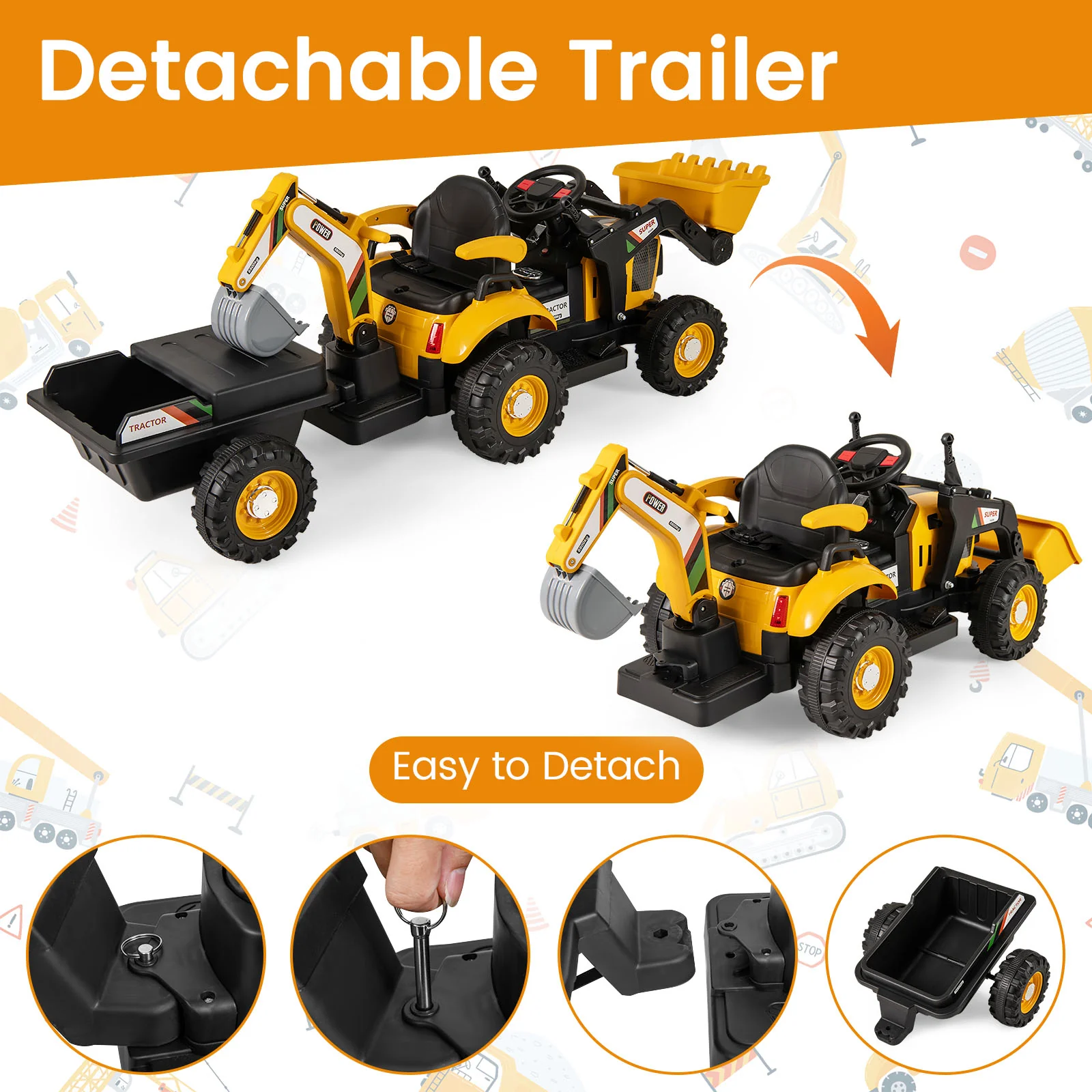 4 in 1 Ride on Tractor, Excavator & Bulldozer for Kids, 12V Electric Construction Vehicle - Image 4
