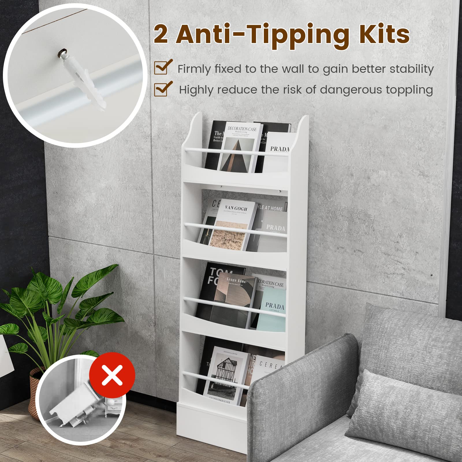 4-Tier Kids Bookcase with 2 Anti-Tipping Kits & Guardrails - Image 5