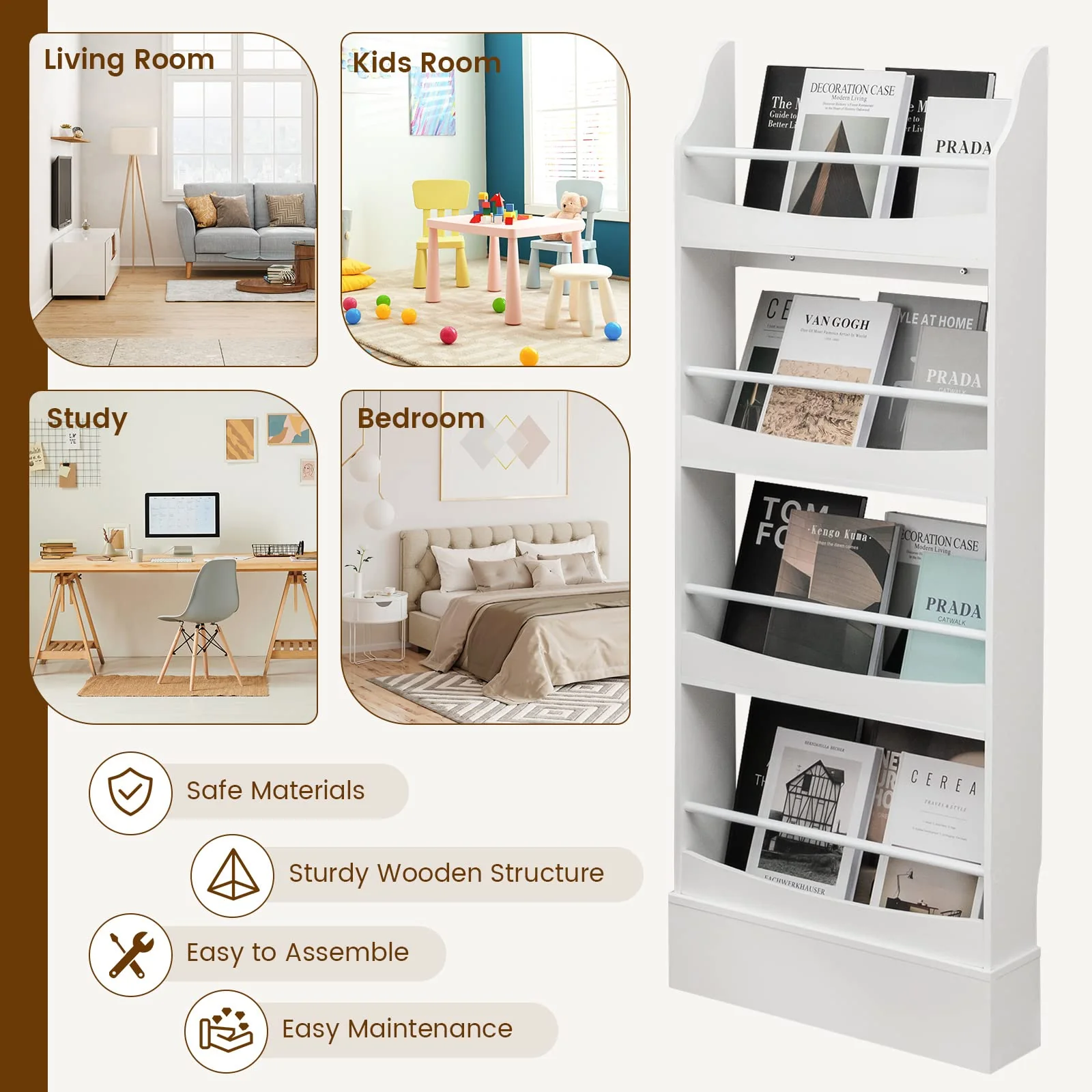 4-Tier Kids Bookcase with 2 Anti-Tipping Kits & Guardrails - Image 8