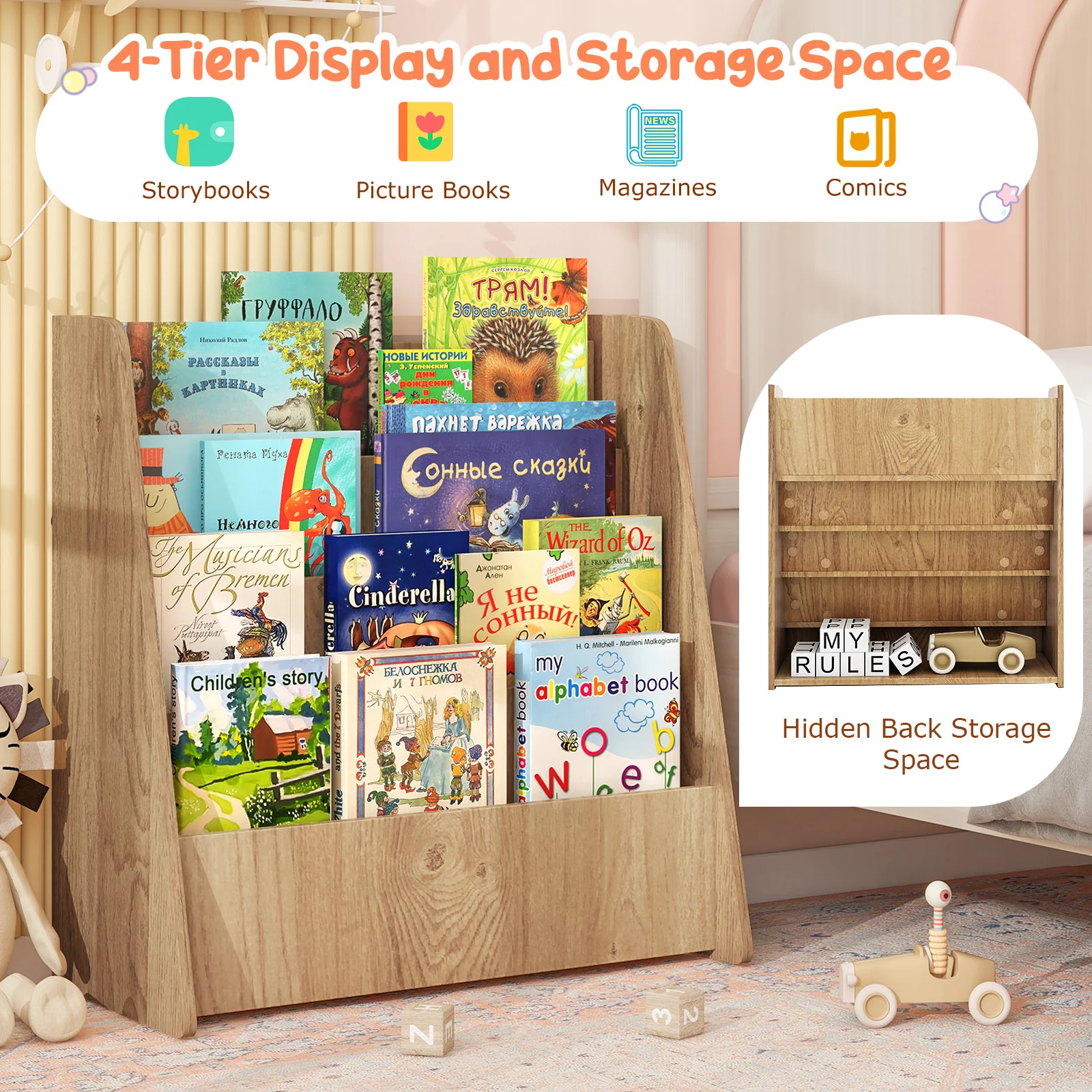 4-Tier Kids Wooden Bookshelf with Deep Compartments - Image 4