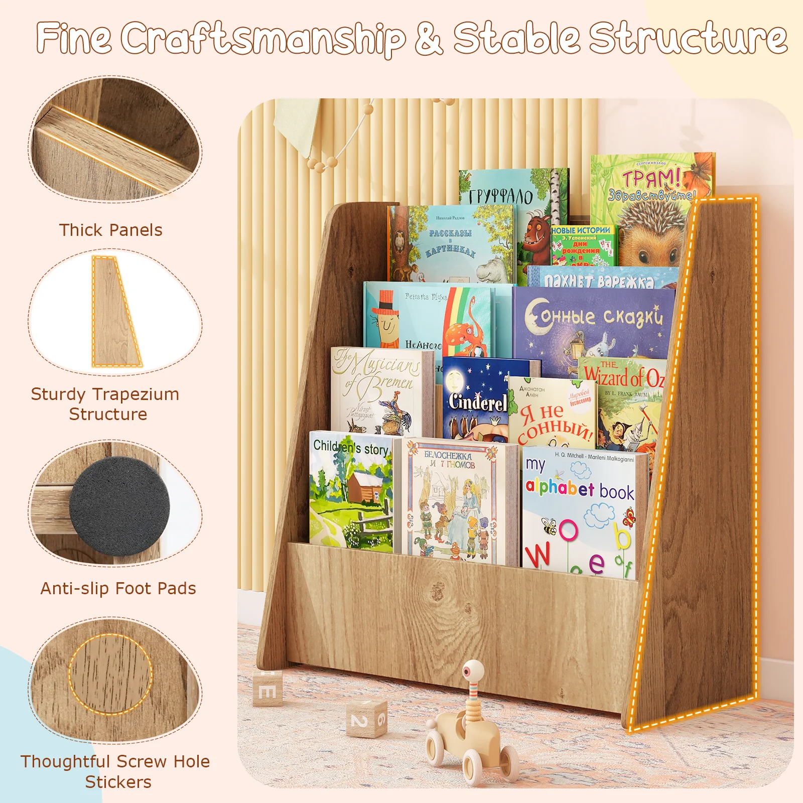 4-Tier Kids Wooden Bookshelf with Deep Compartments - Image 5
