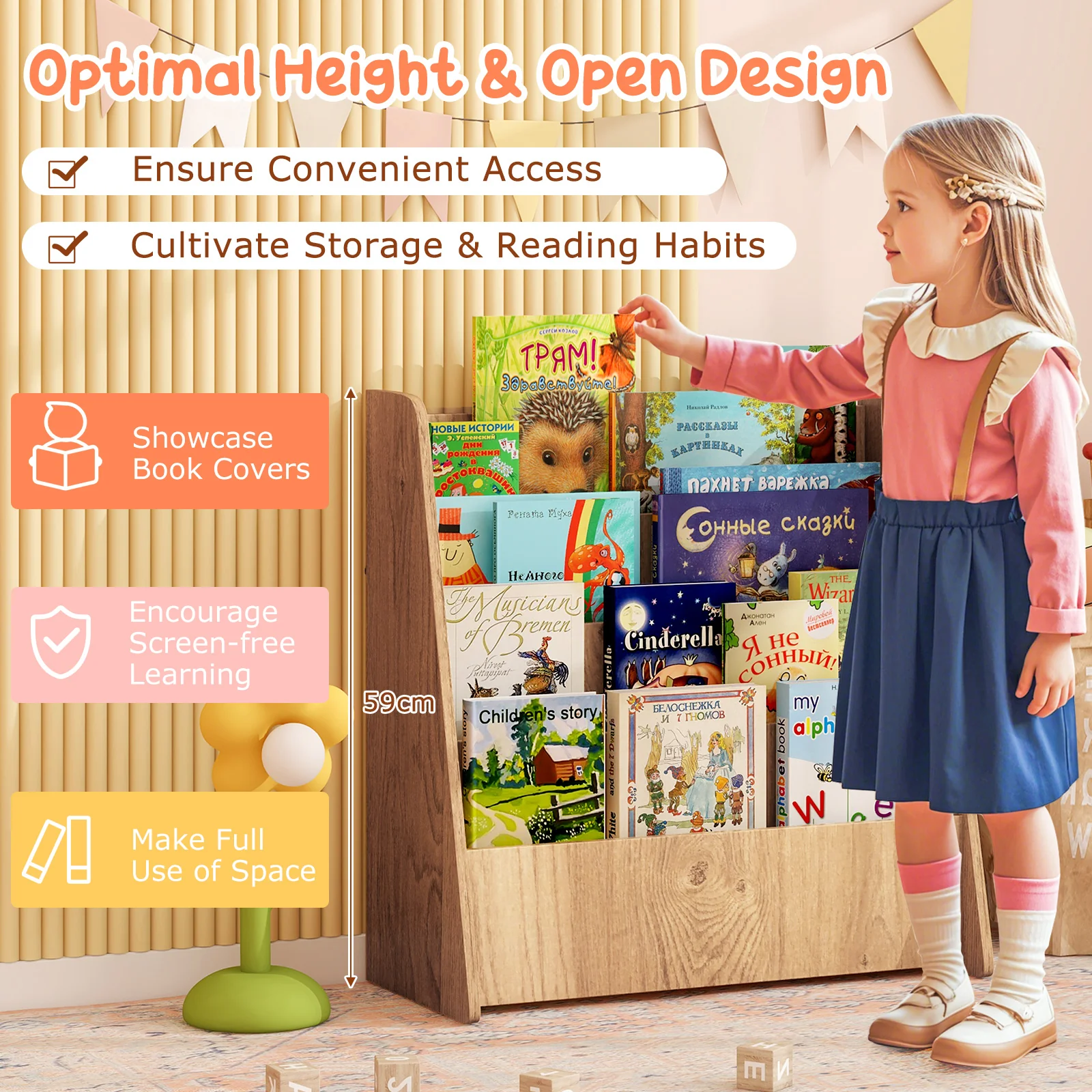 4-Tier Kids Wooden Bookshelf with Deep Compartments - Image 8