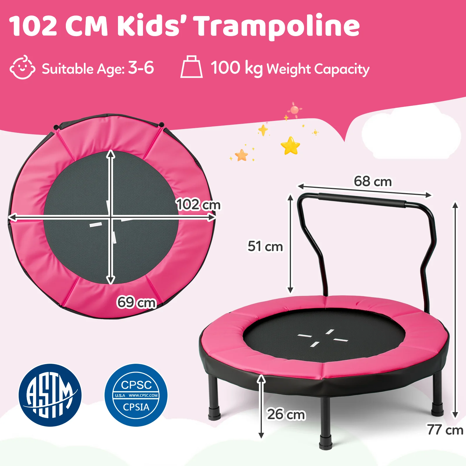 40” Trampoline for Kids, Indoor/Outdoor Fitness Trampoline for 3-6 Years Old Toddlers - Image 10