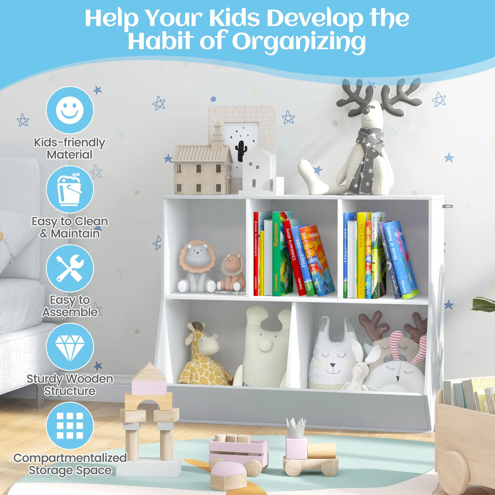 5-Cubby Kids Toy Storage Organizer, Wooden Children Bookcase Bookshelf - Image 10